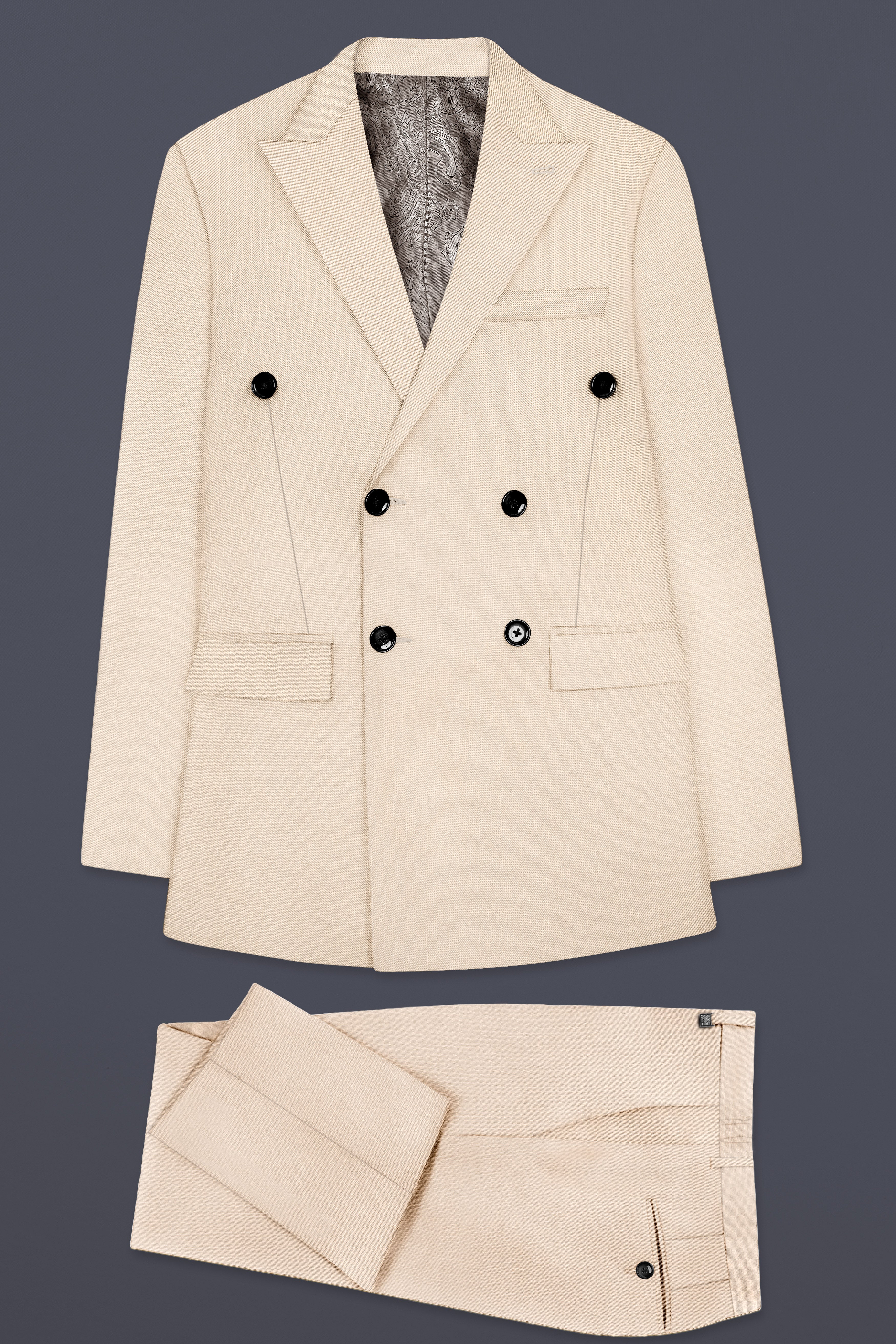 Biscotti-Parchment Cream Solid Wool Rich Double Breasted Slight Stretch Suit