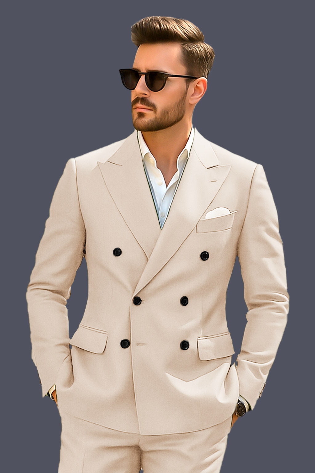 Biscotti-Parchment Cream Solid Wool Rich Double Breasted Slight Stretch Suit