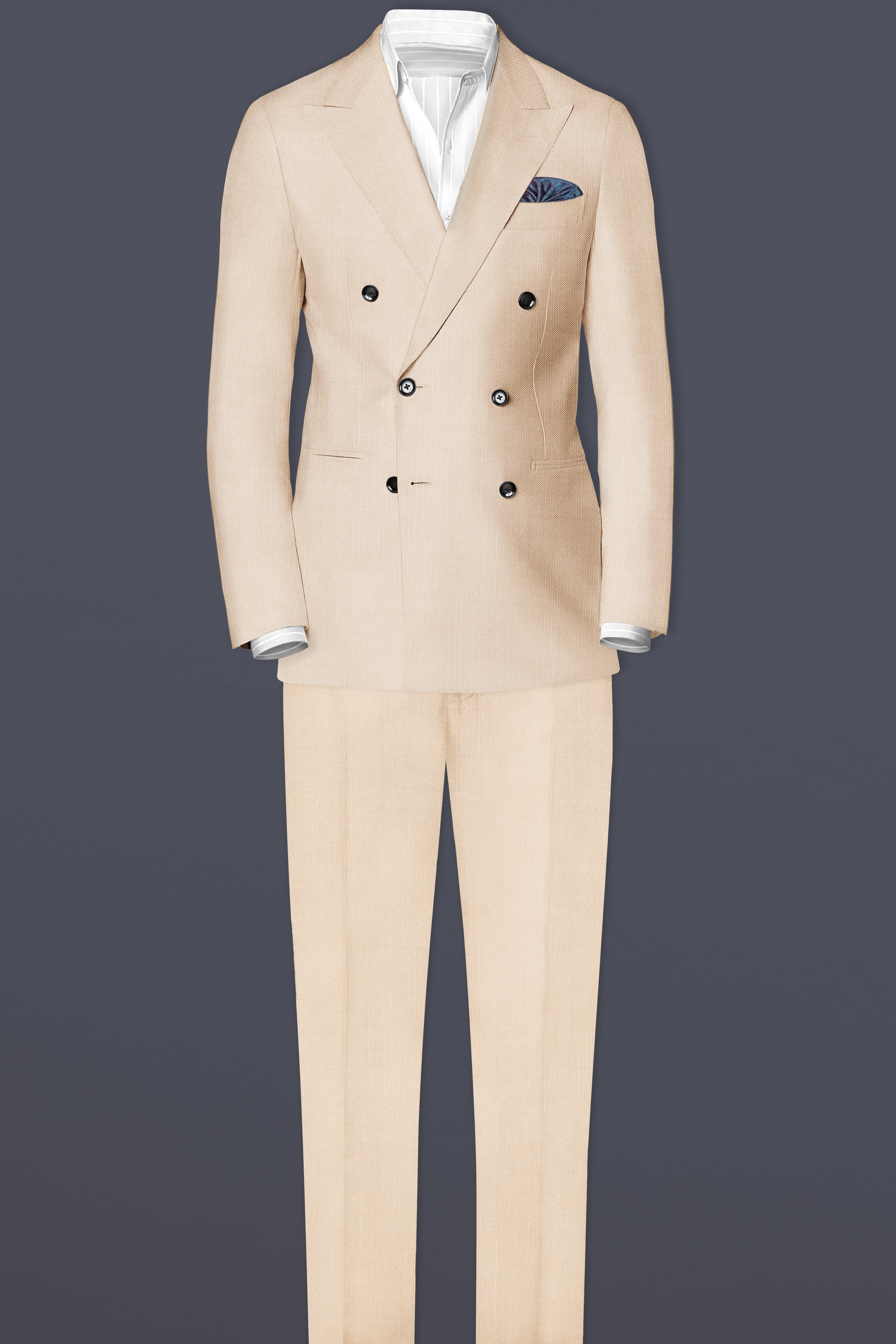 Biscotti-Parchment Cream Solid Wool Rich Double Breasted Slight Stretch Suit