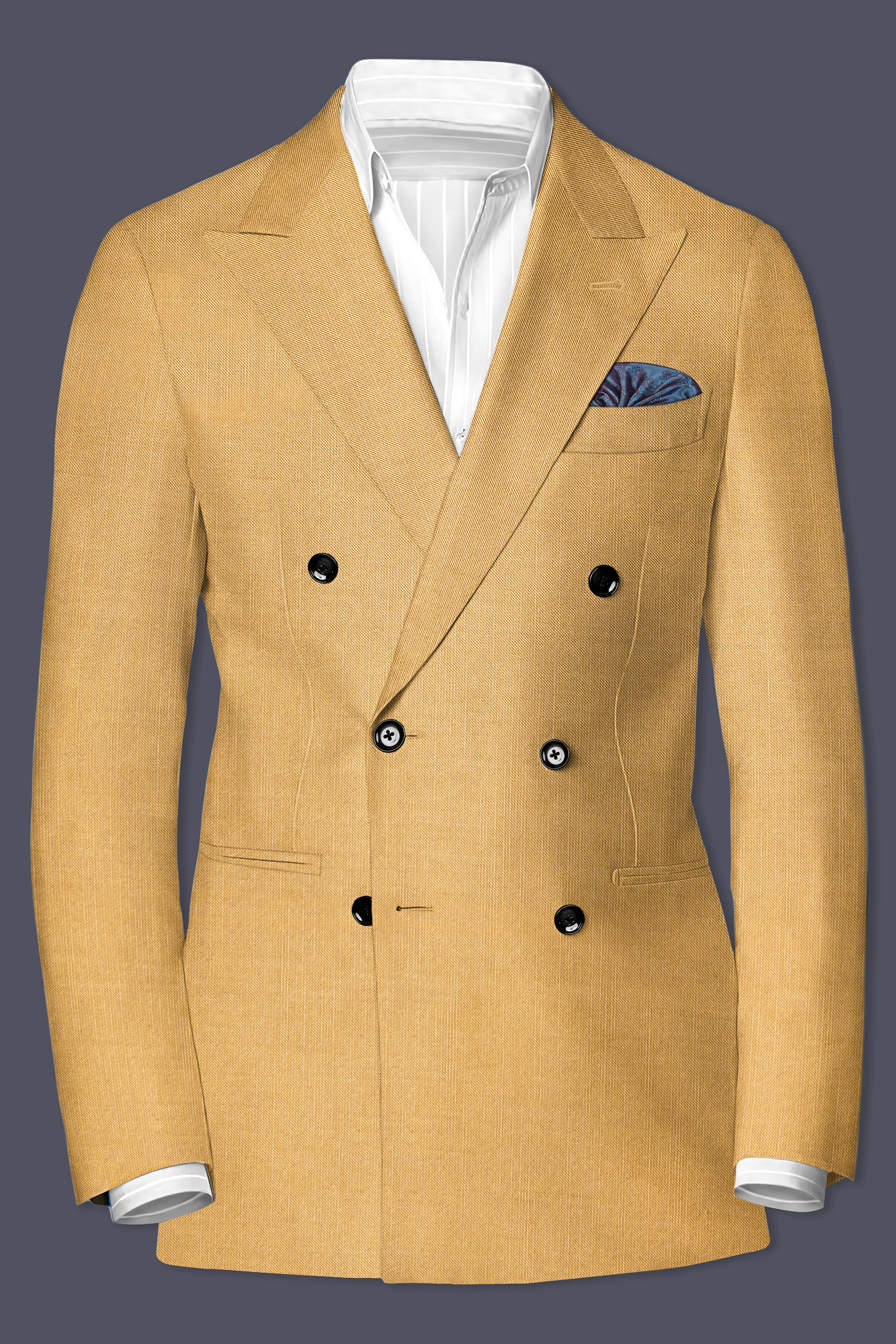 Marula-Desert Yellow Solid Wool Rich Double Breasted Stretchable traveler Suit