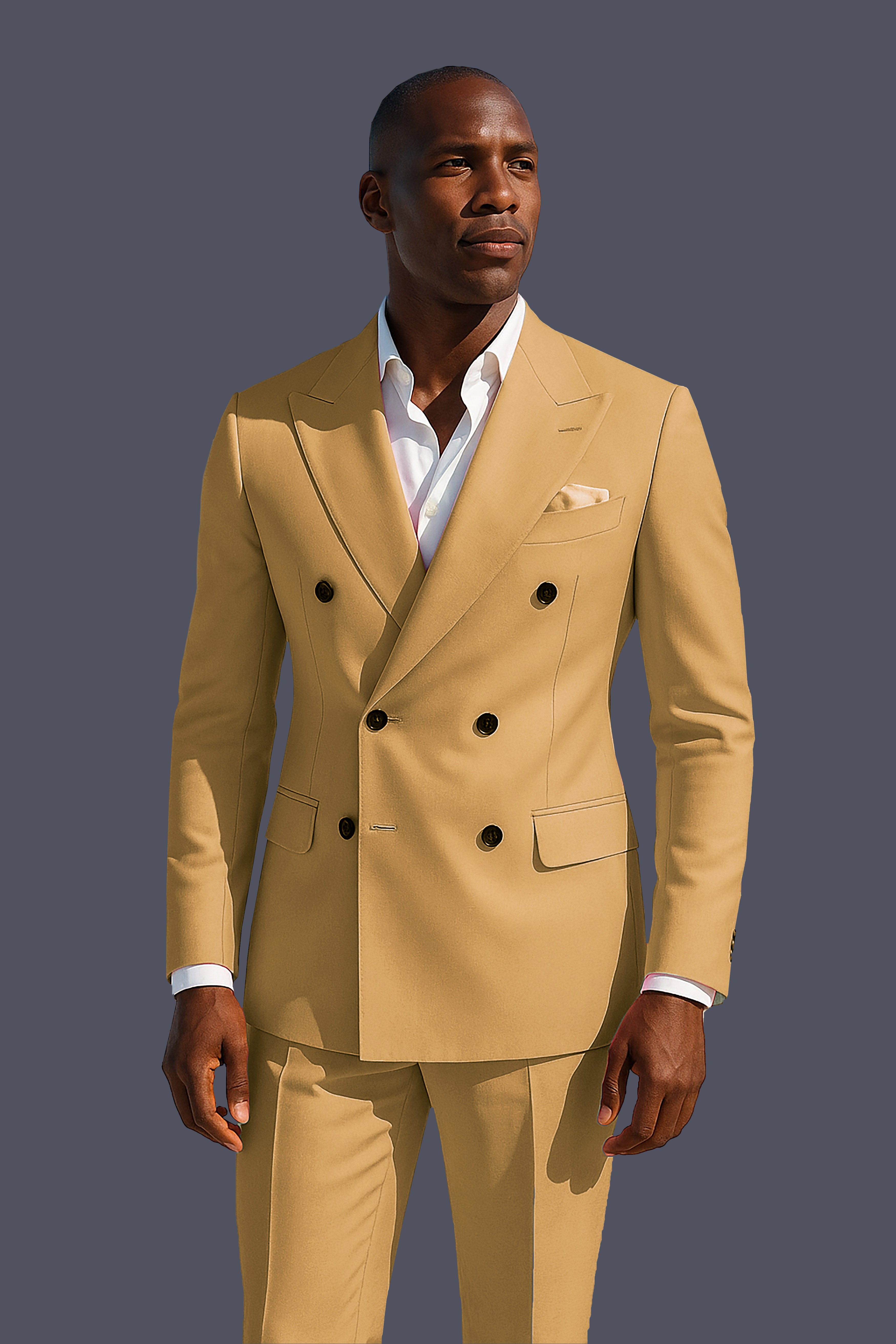 Marula-Desert Yellow Solid Wool Rich Double Breasted Slight Stretch Suit
