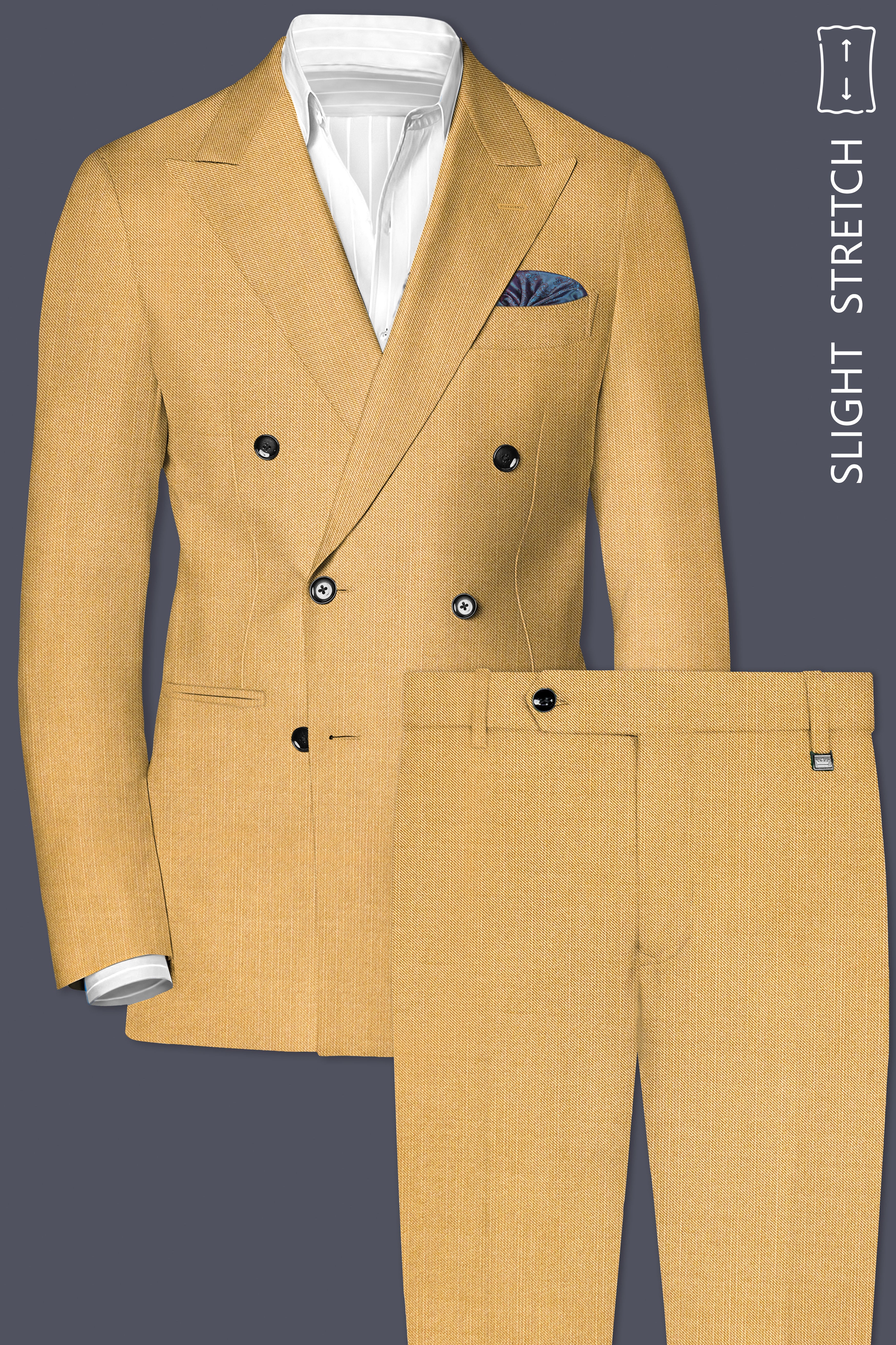 Marula-Desert Yellow Solid Wool Rich Double Breasted Slight Stretch Suit