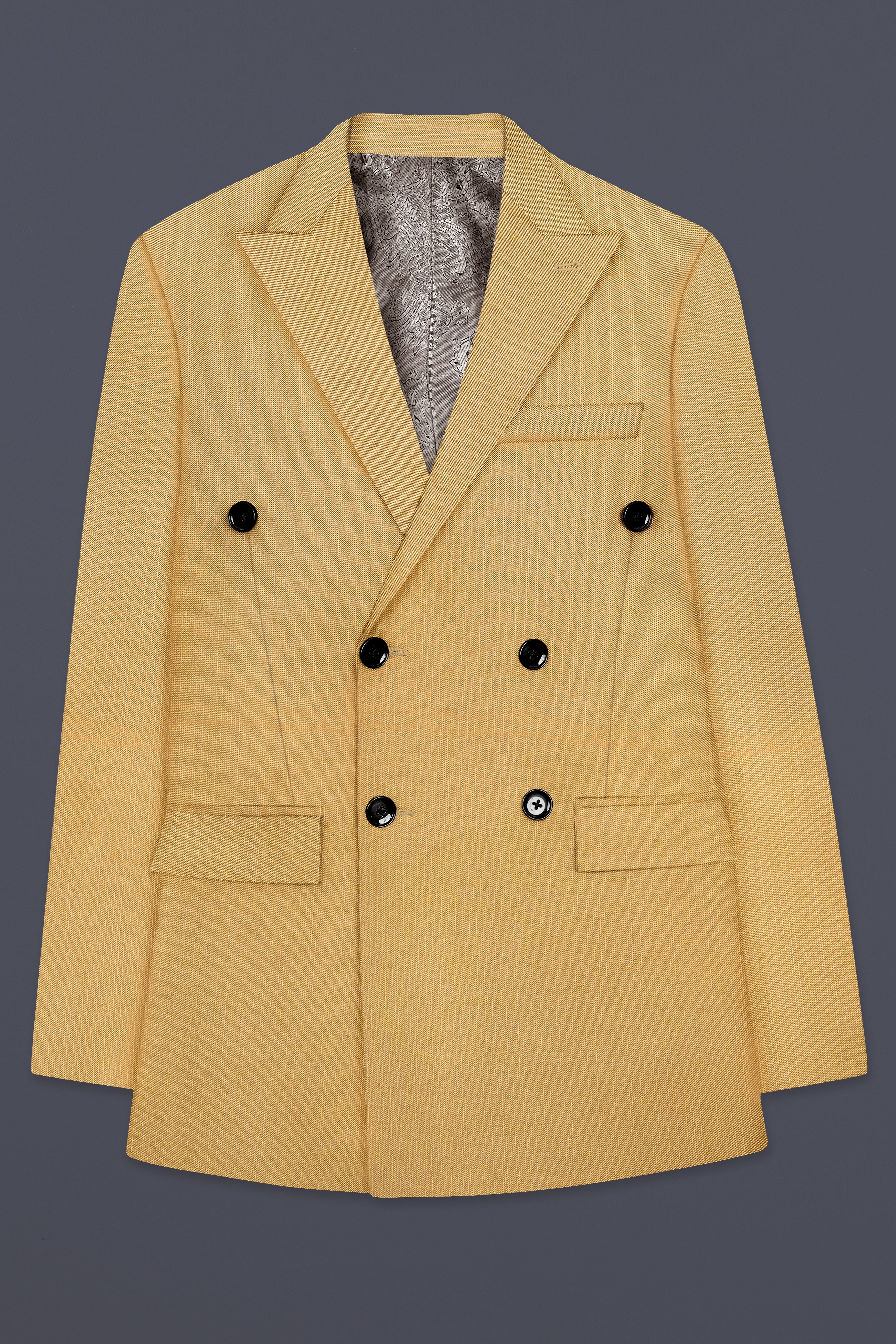 Marula-Desert Yellow Solid Wool Rich Double Breasted Stretchable traveler Suit