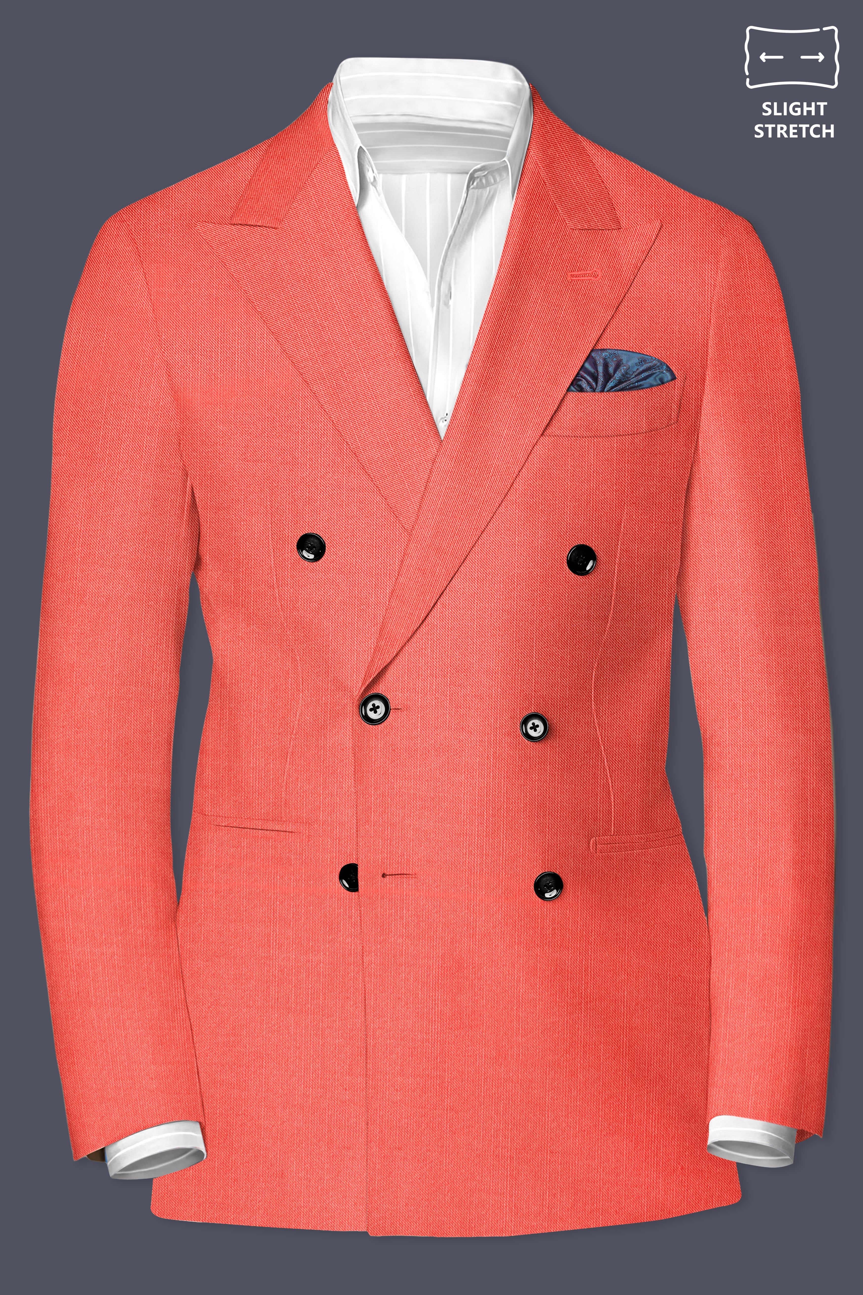 Aurora-Salmon Orange Solid Wool Rich Double Breasted Slight Stretch Suit