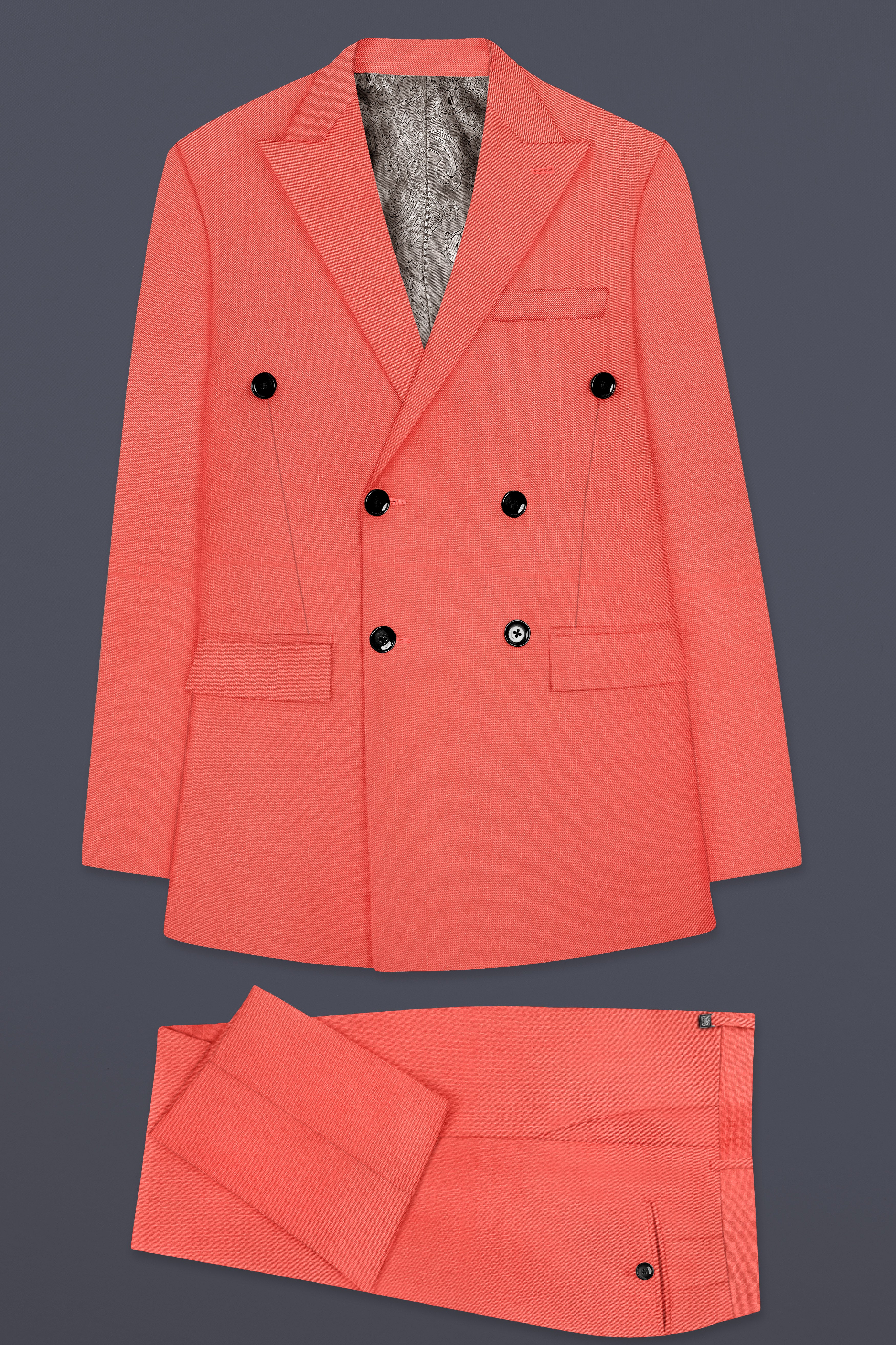 Aurora-Salmon Orange Solid Wool Rich Double Breasted Slight Stretch Suit