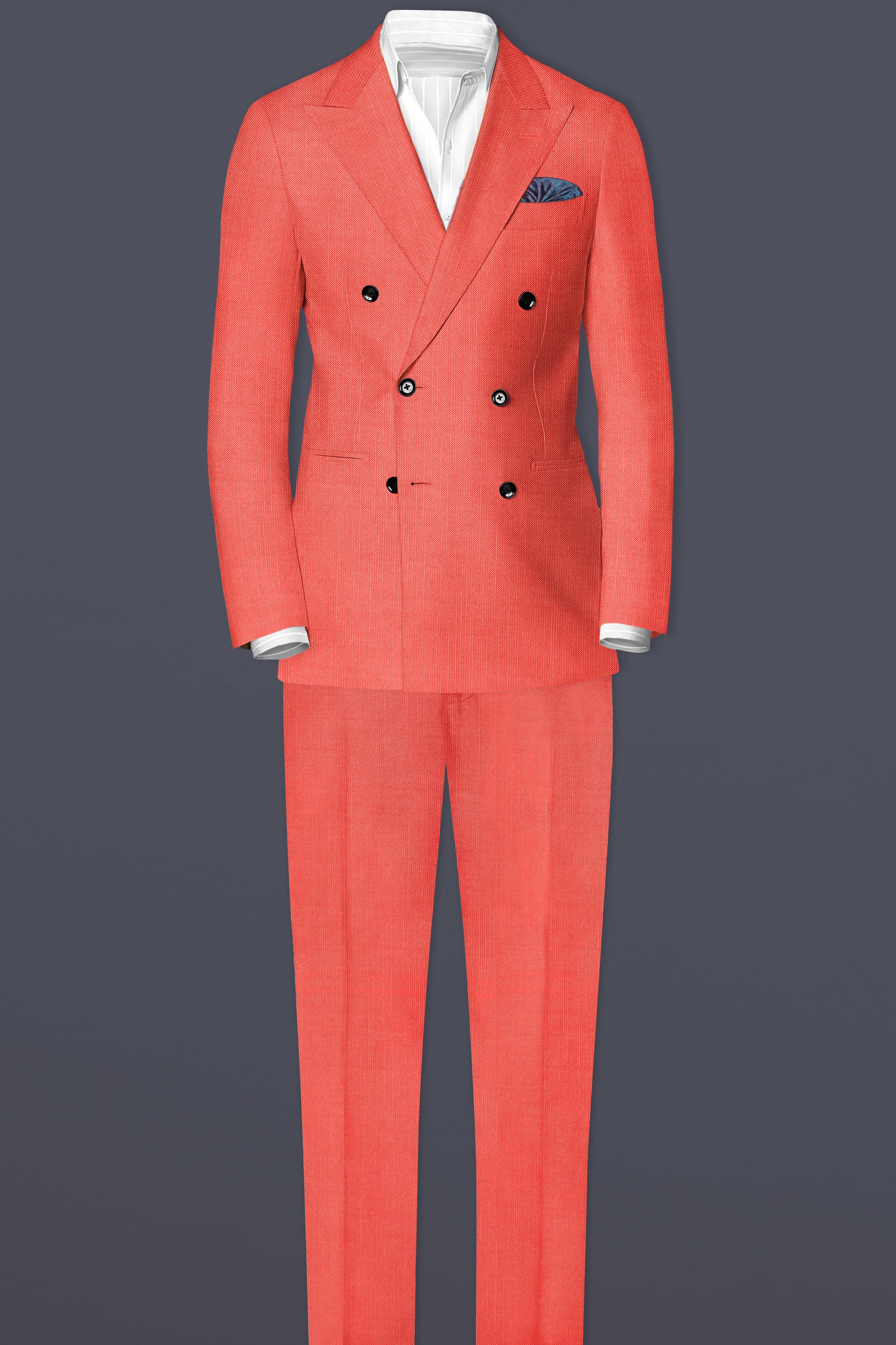 Aurora-Salmon Orange Solid Wool Rich Double Breasted Slight Stretch Suit