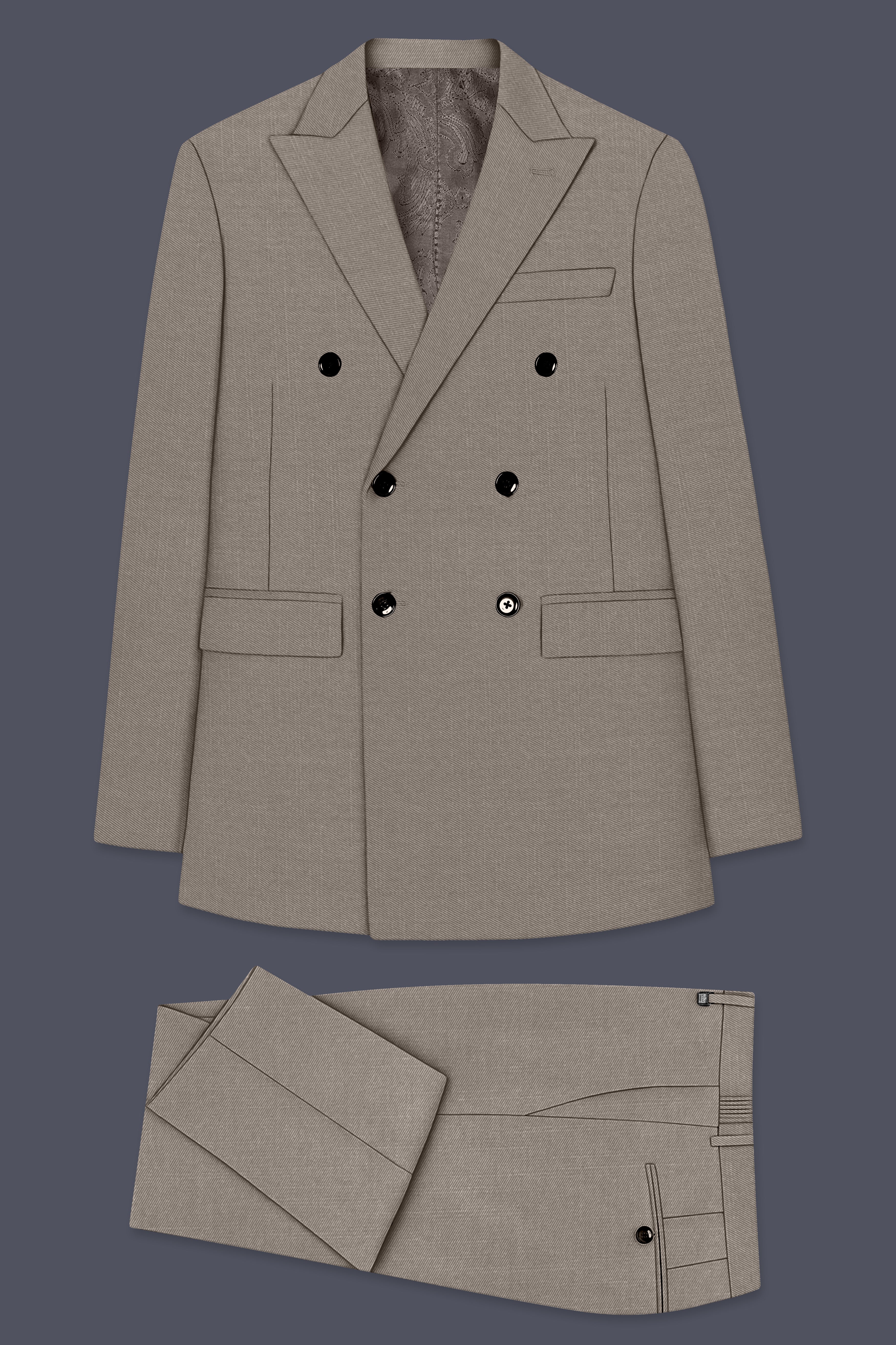 Amour-Dusty Brown Solid Wool Rich Double Breasted Slight Stretch Suit