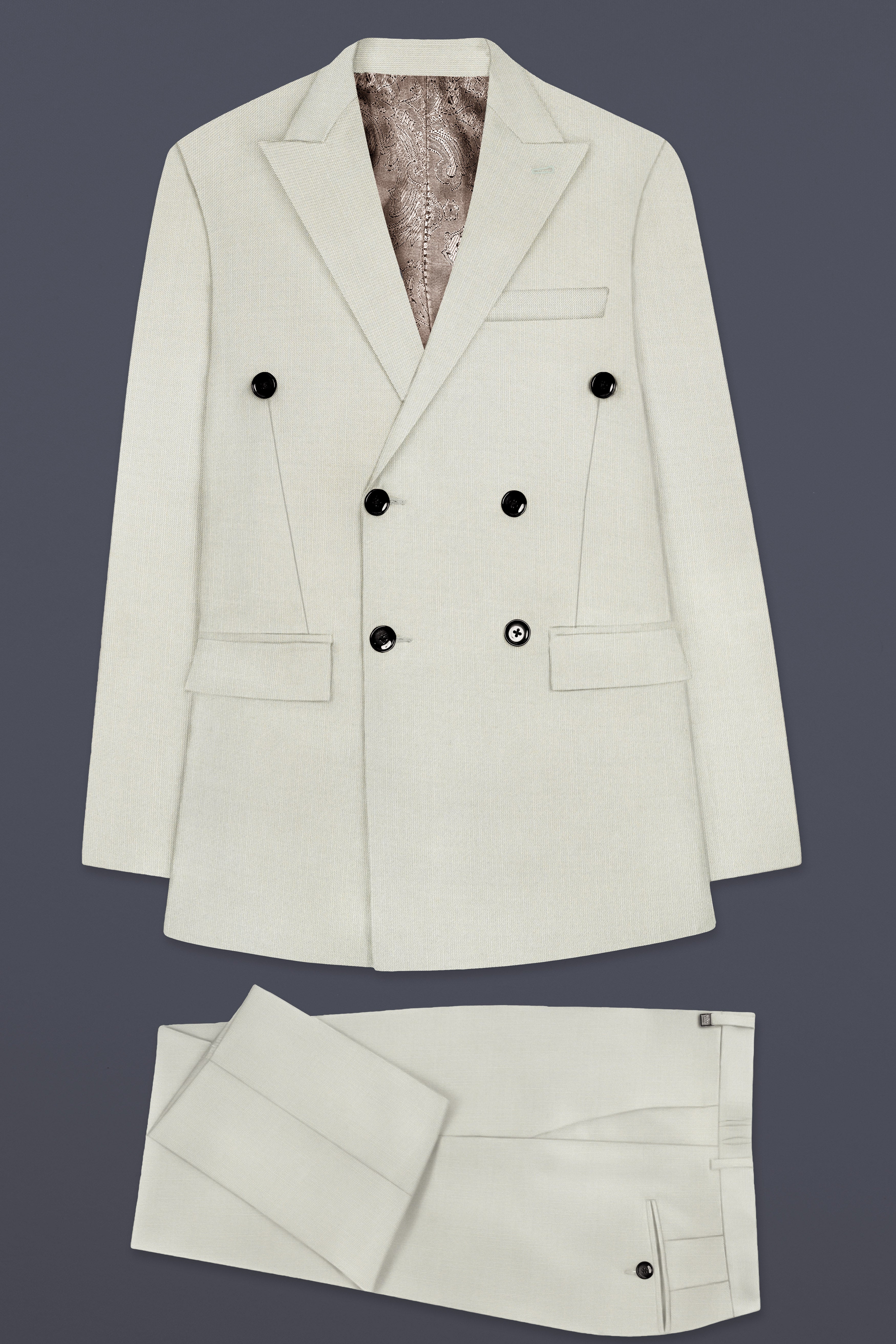 Mist-Swirl Gray Solid Wool Rich Double Breasted Stretchable traveler Suit