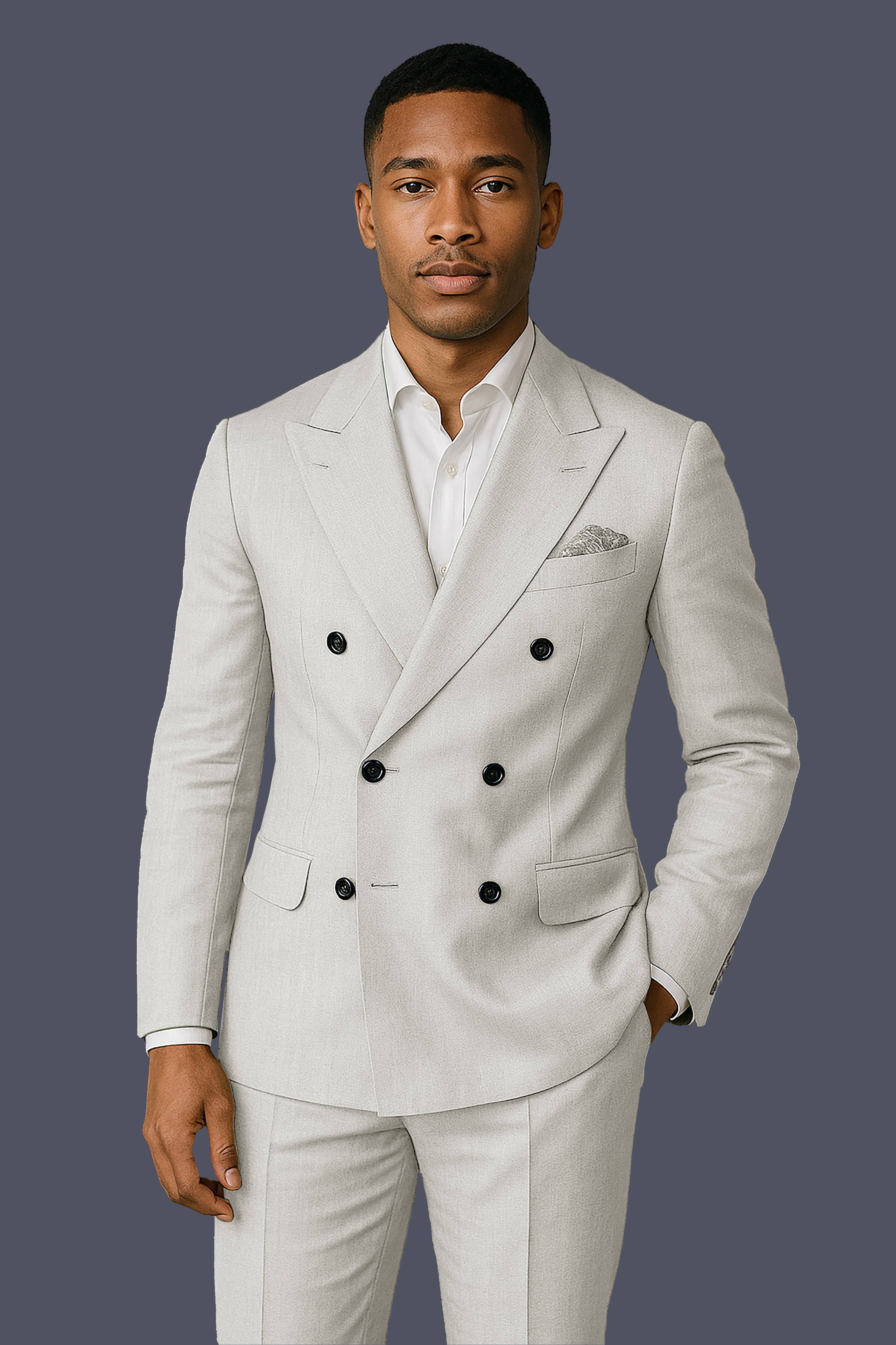 Mist-Swirl Gray Solid Wool Rich Double Breasted Stretchable traveler Suit