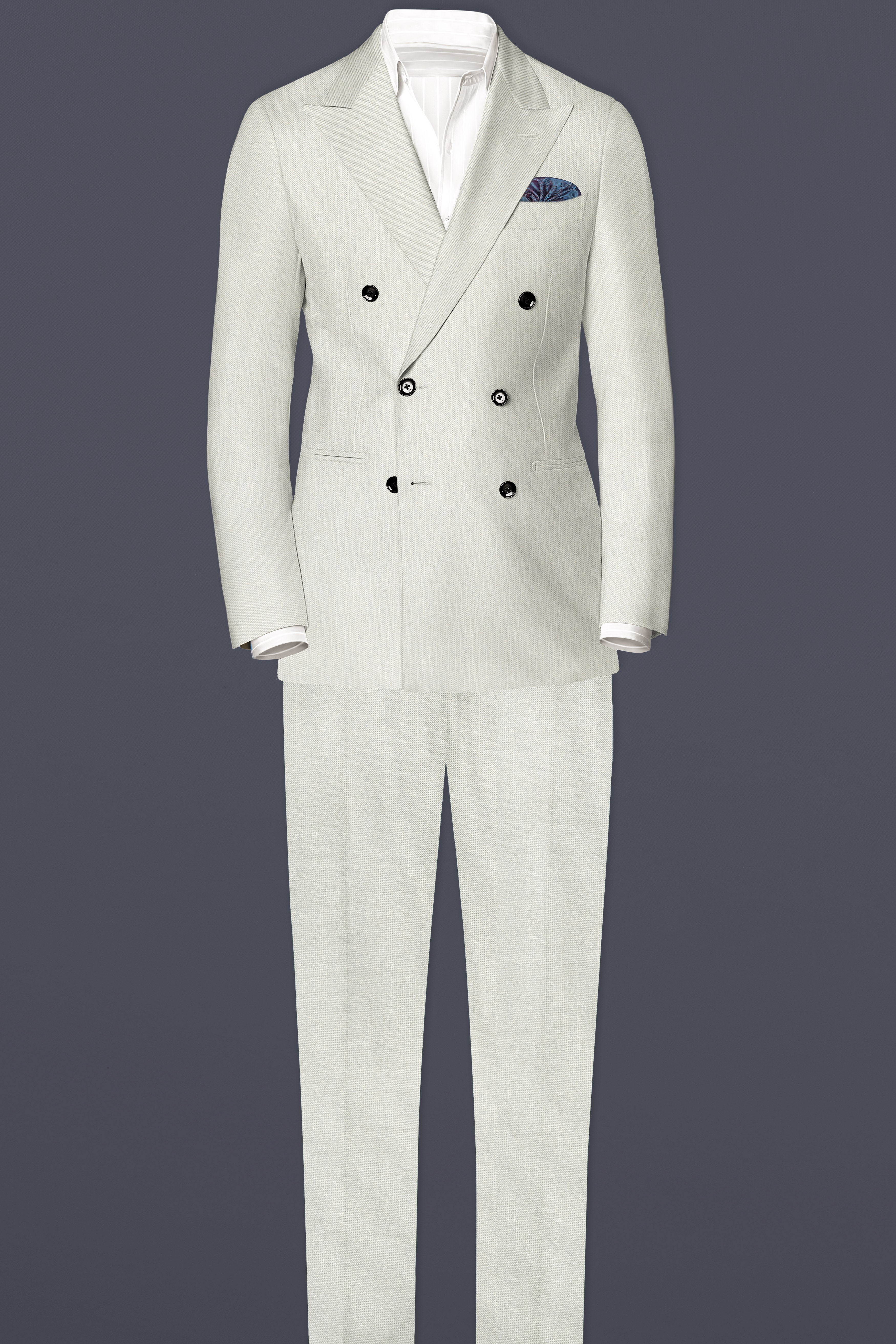 Mist-Swirl Gray Solid Wool Rich Double Breasted Stretchable traveler Suit
