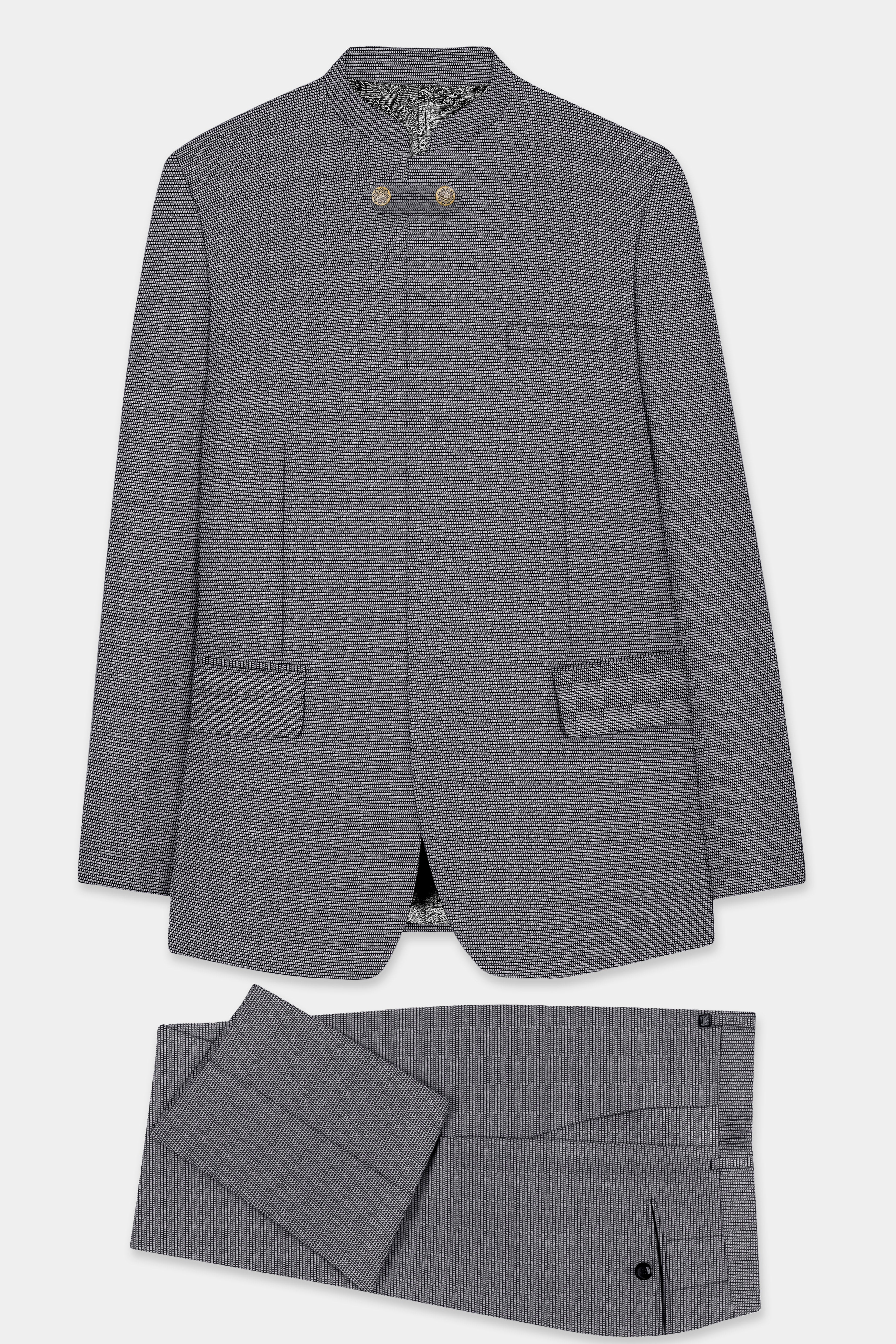 Vampire Gray Textured Wool Rich Bandhgala Designer Suit