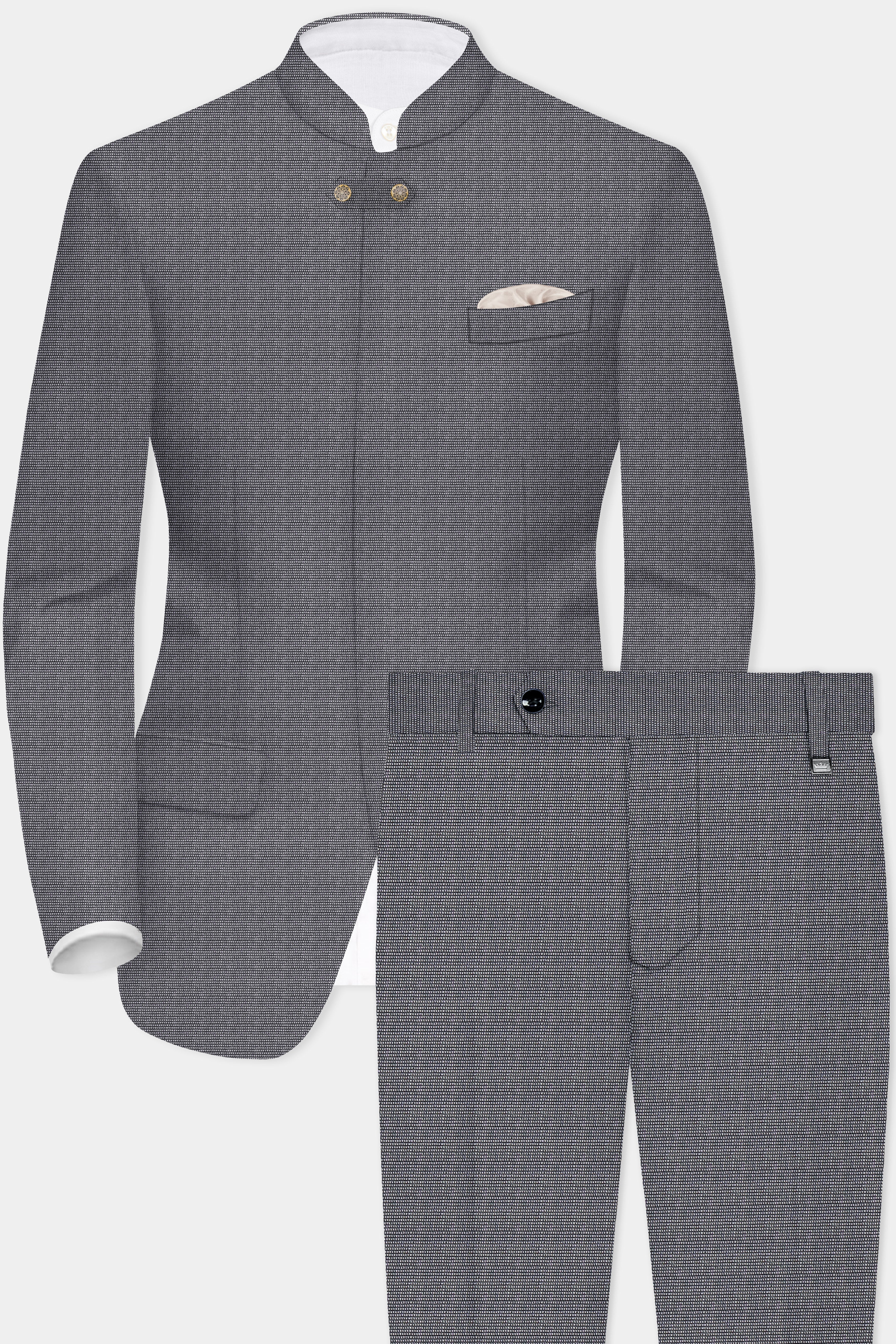 Vampire Gray Textured Wool Rich Bandhgala Designer Suit