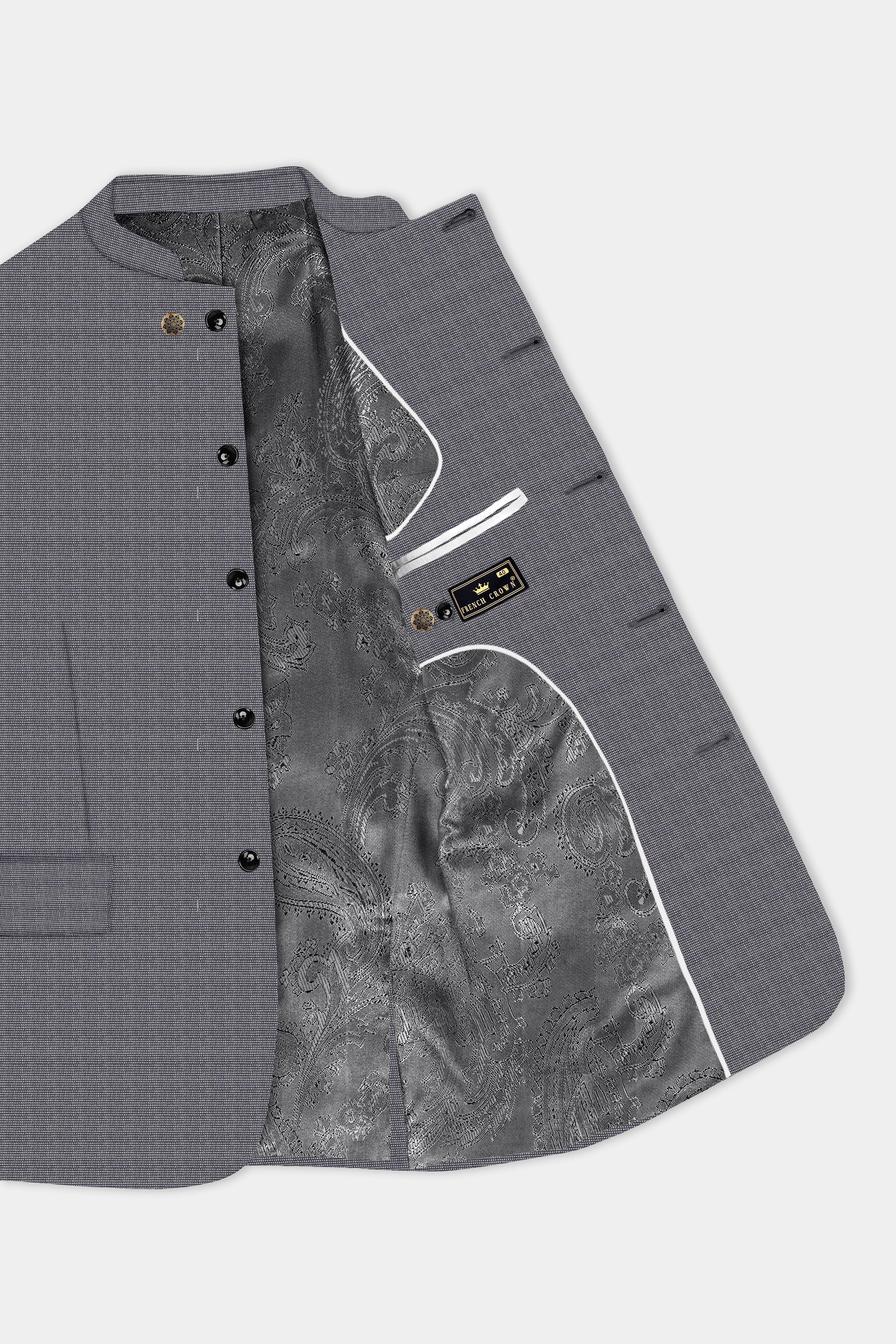 Vampire Gray Textured Wool Rich Bandhgala Designer Suit