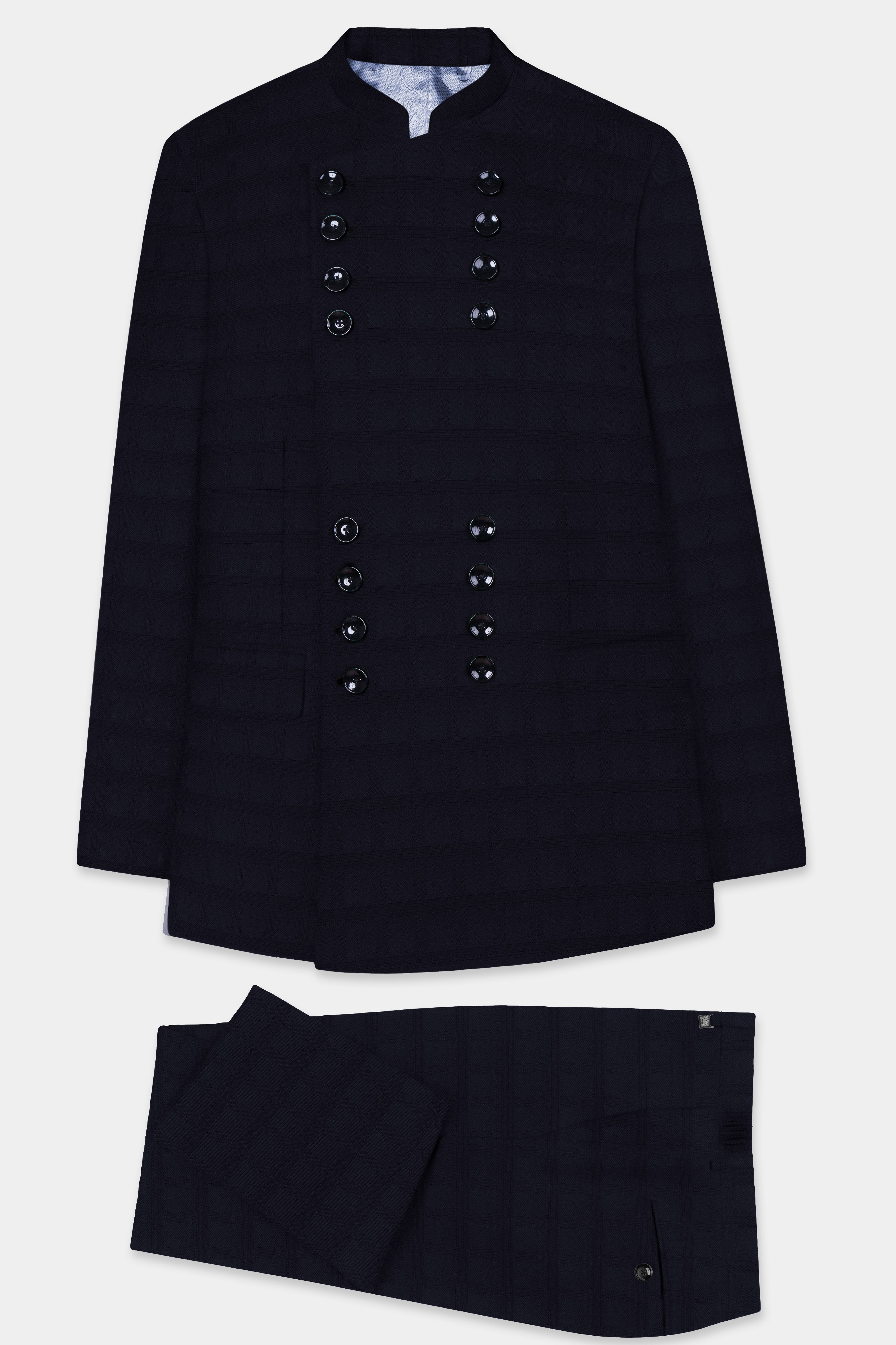 Cinder Blue Textured Wool Rich Bandhgala Designer Suit