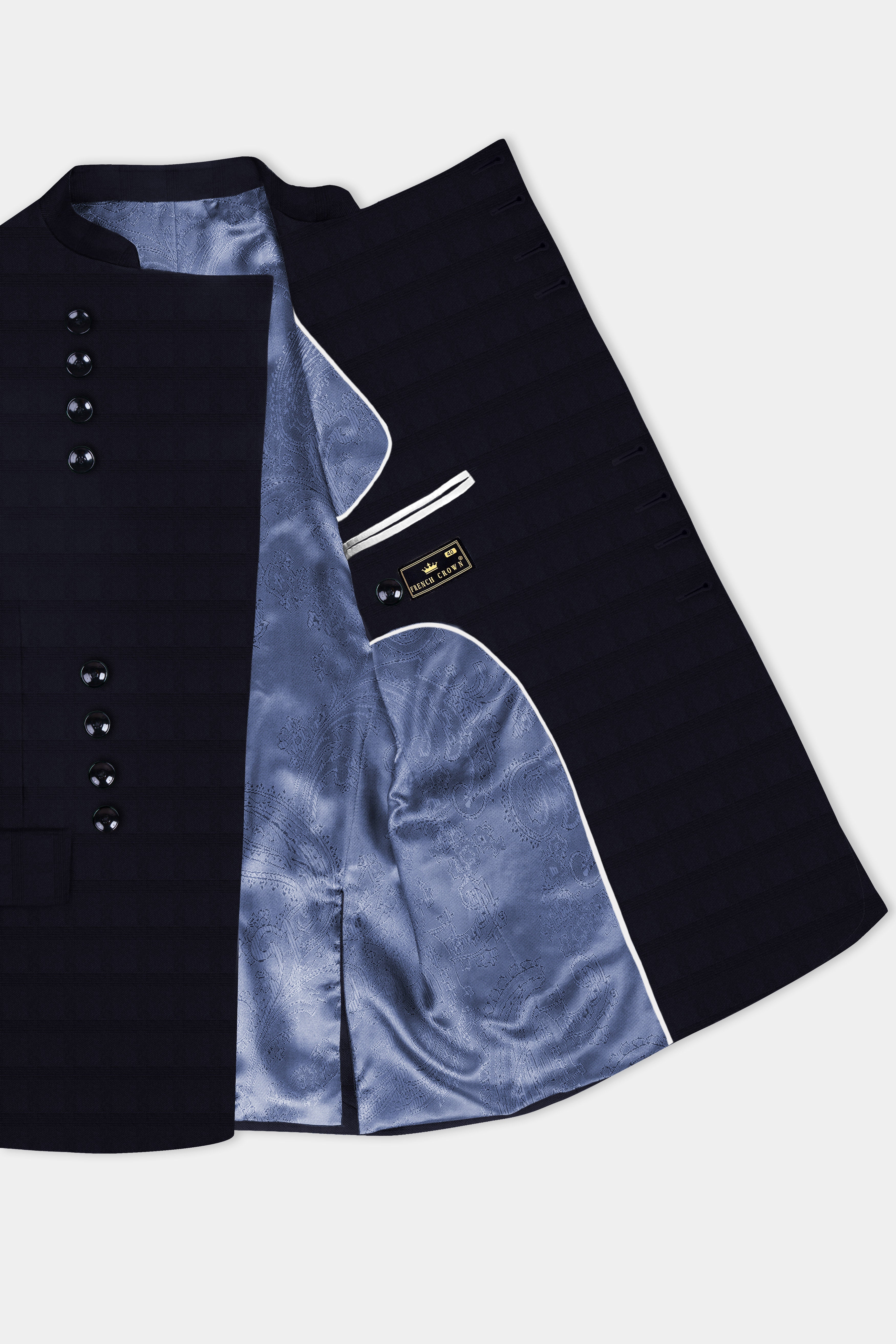 Cinder Blue Textured Wool Rich Bandhgala Designer Suit