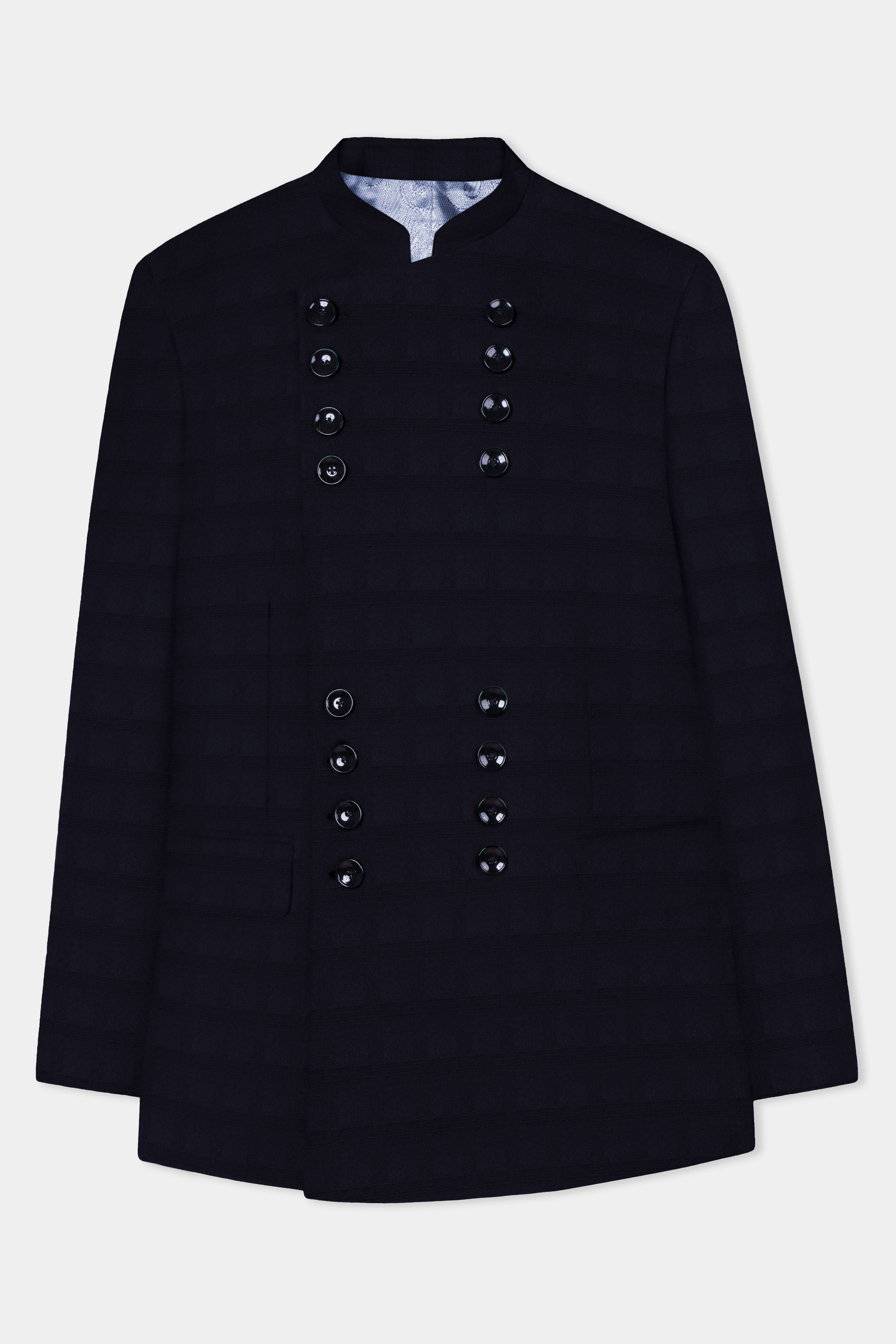 Cinder Blue Textured Wool Rich Bandhgala Designer Suit