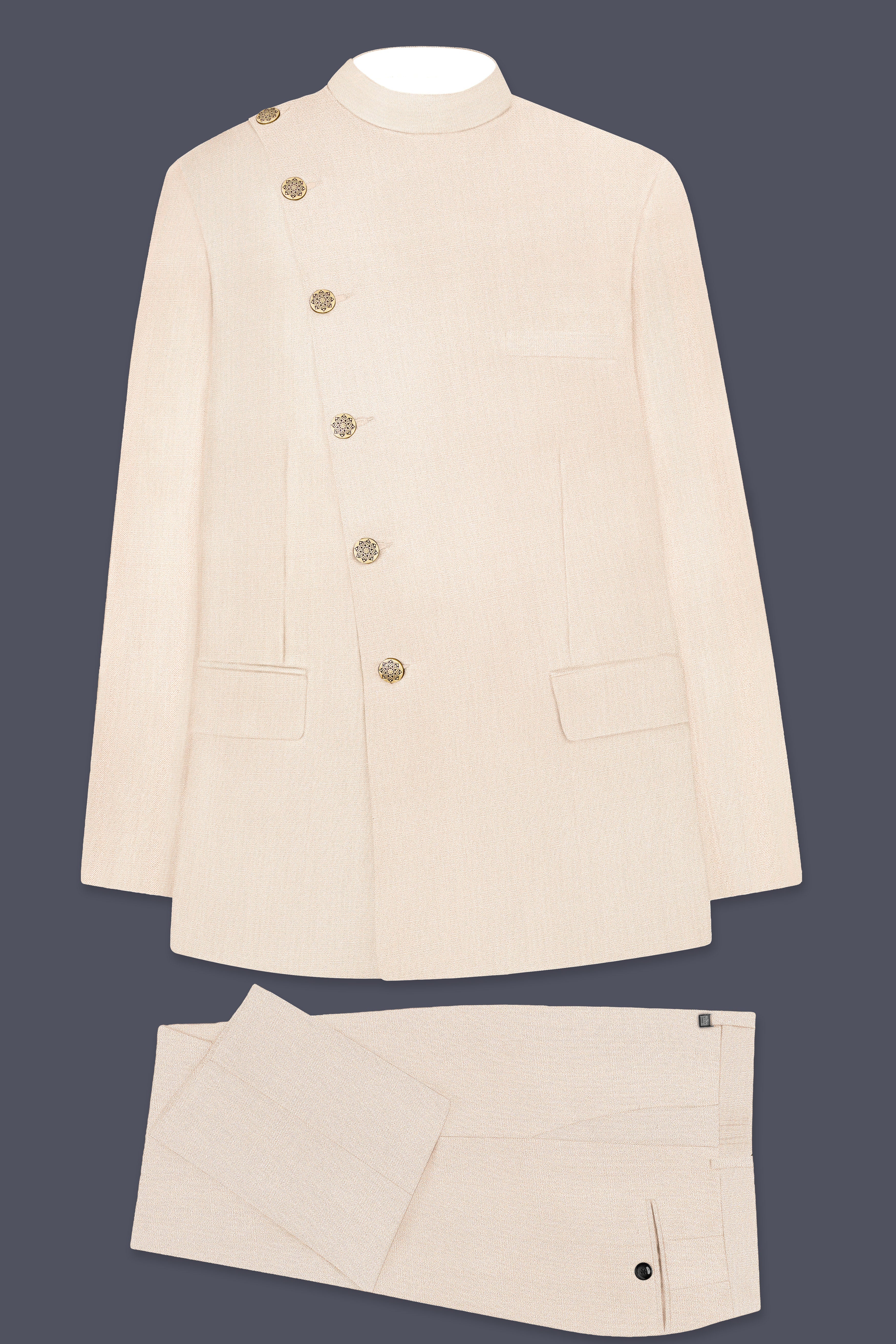 Spanish Cream Solid Wool Blend Cross Placket Bandhgala Suit