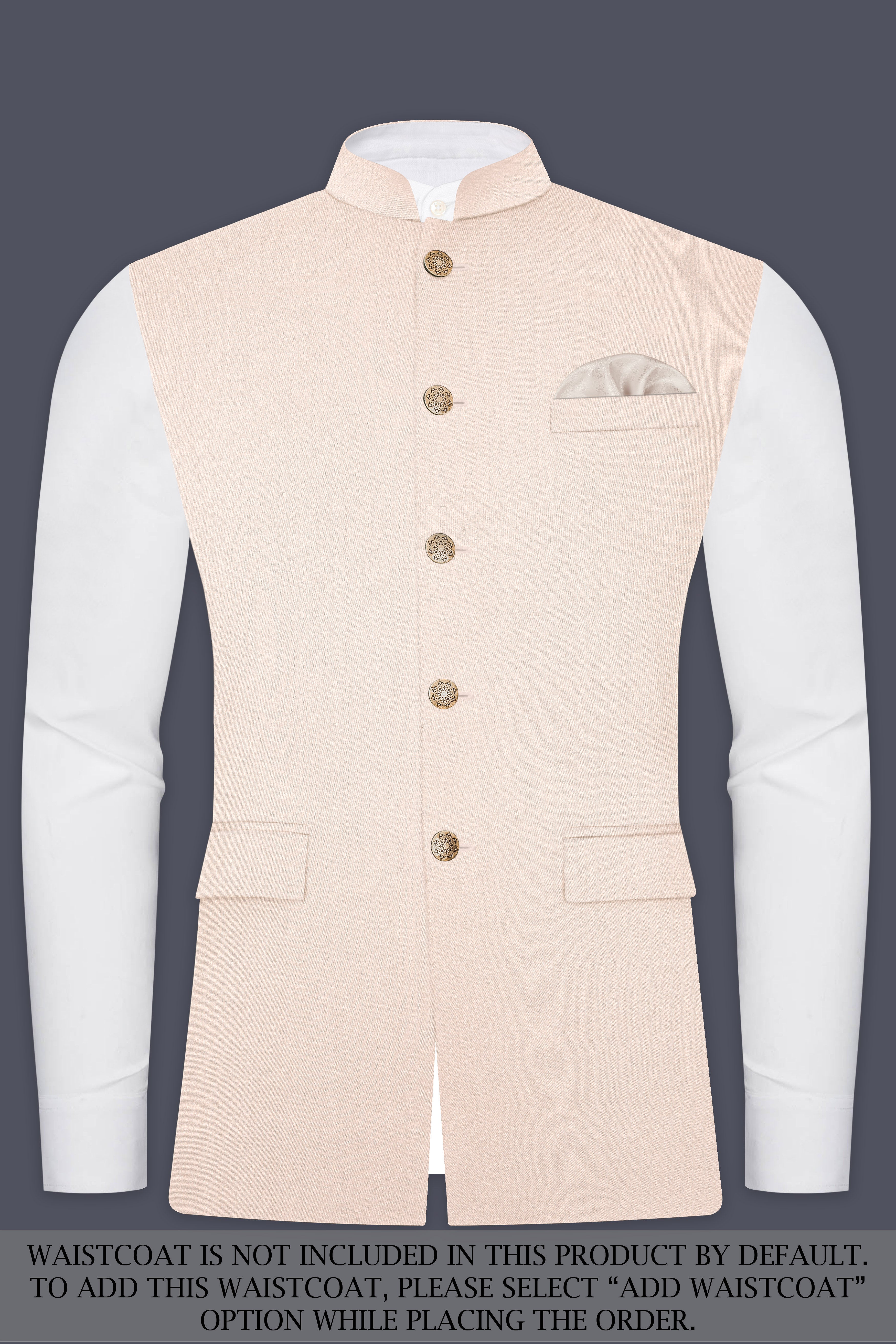 Spanish Cream Solid Wool Blend Cross Placket Bandhgala Suit