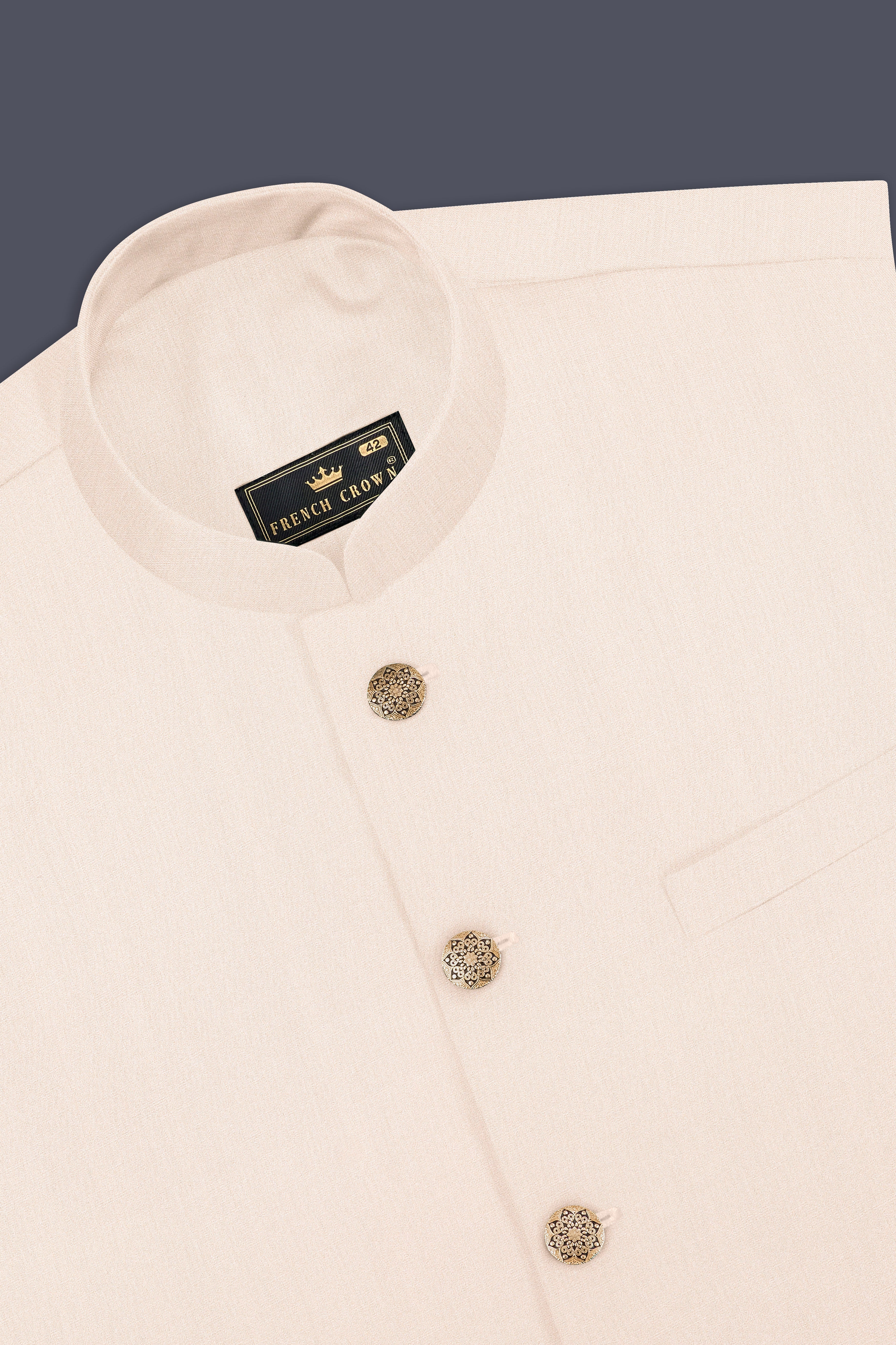 Spanish Cream Solid Wool Blend Cross Placket Bandhgala Suit