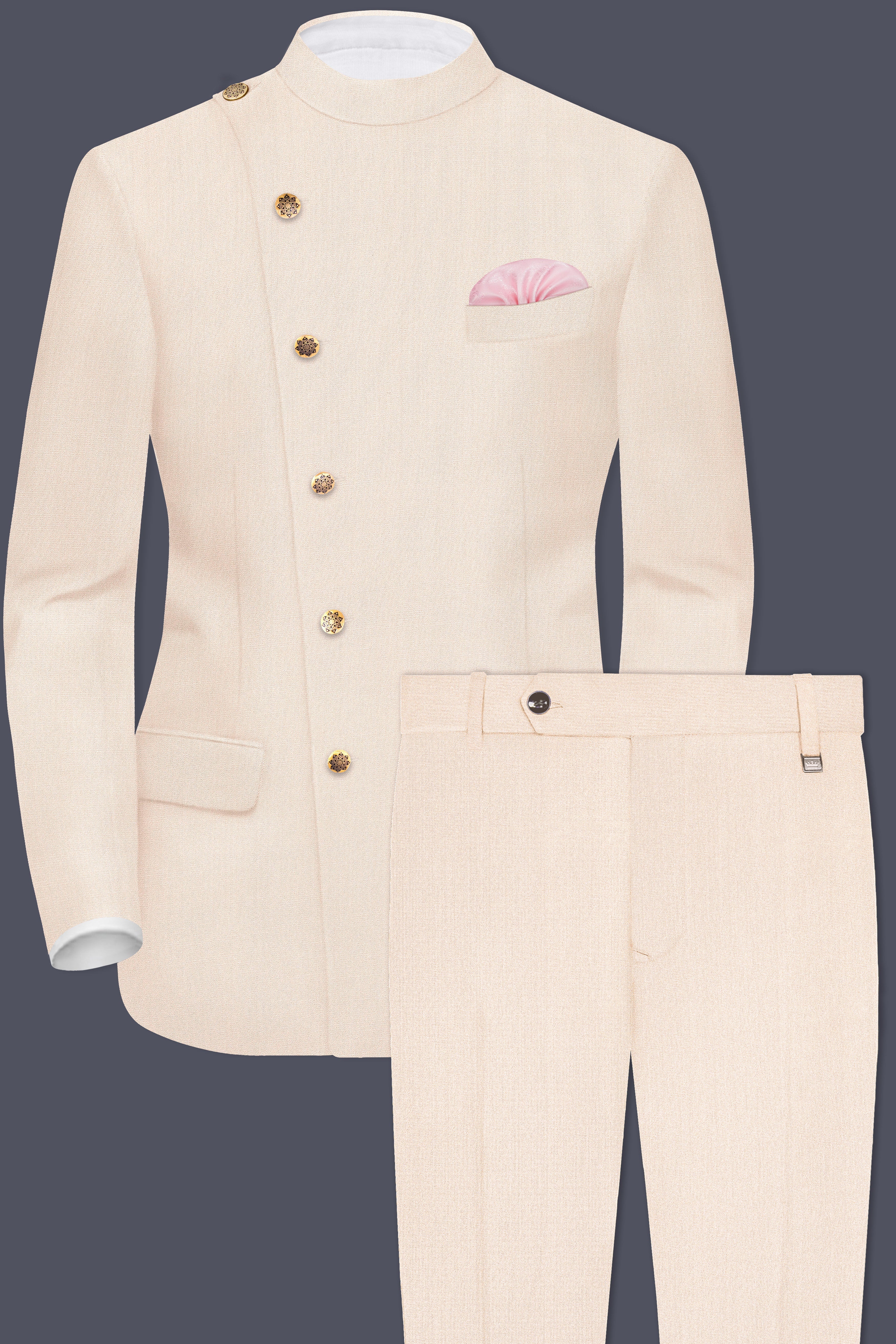 Spanish Cream Solid Wool Blend Cross Placket Bandhgala Suit