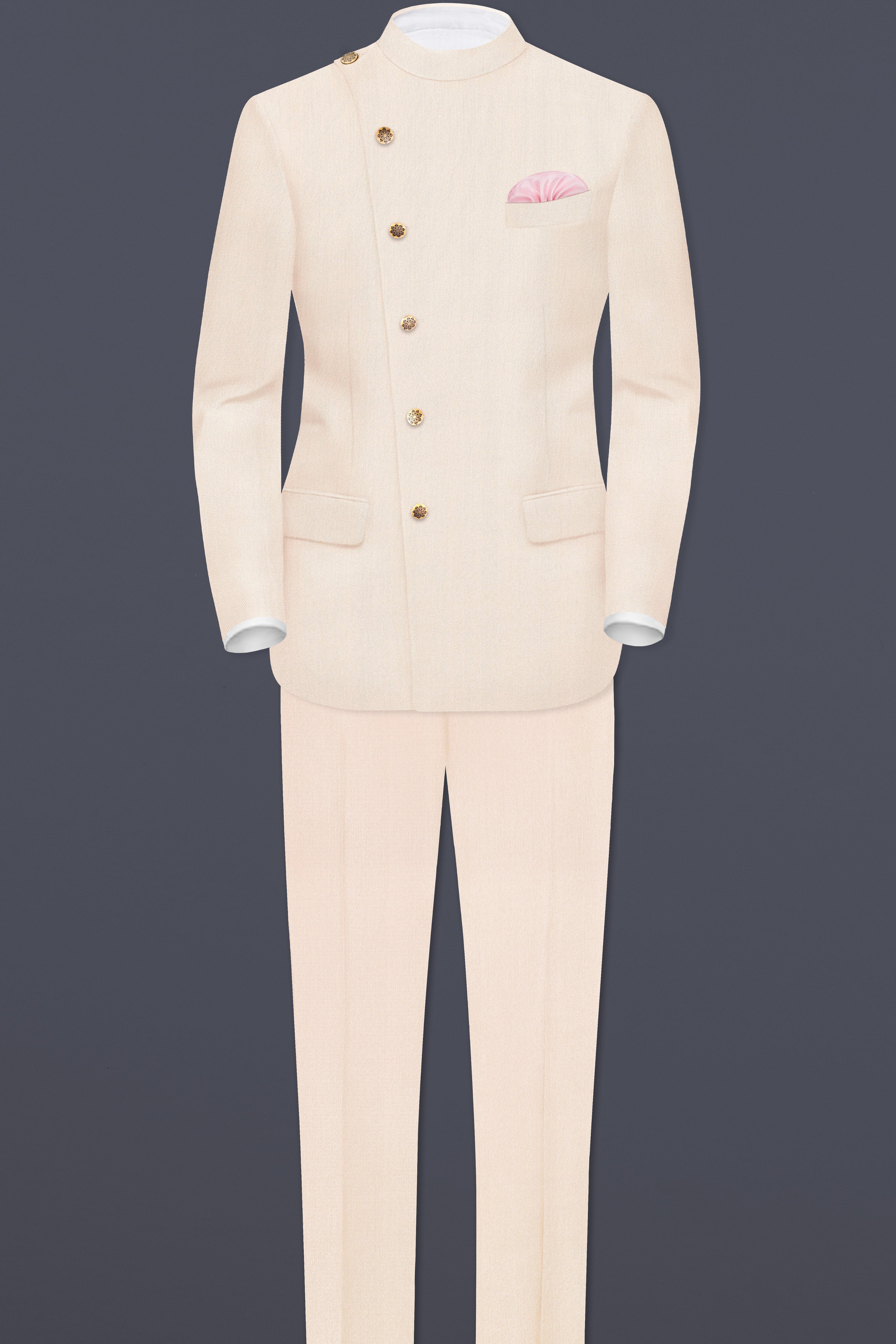 Spanish Cream Solid Wool Blend Cross Placket Bandhgala Suit