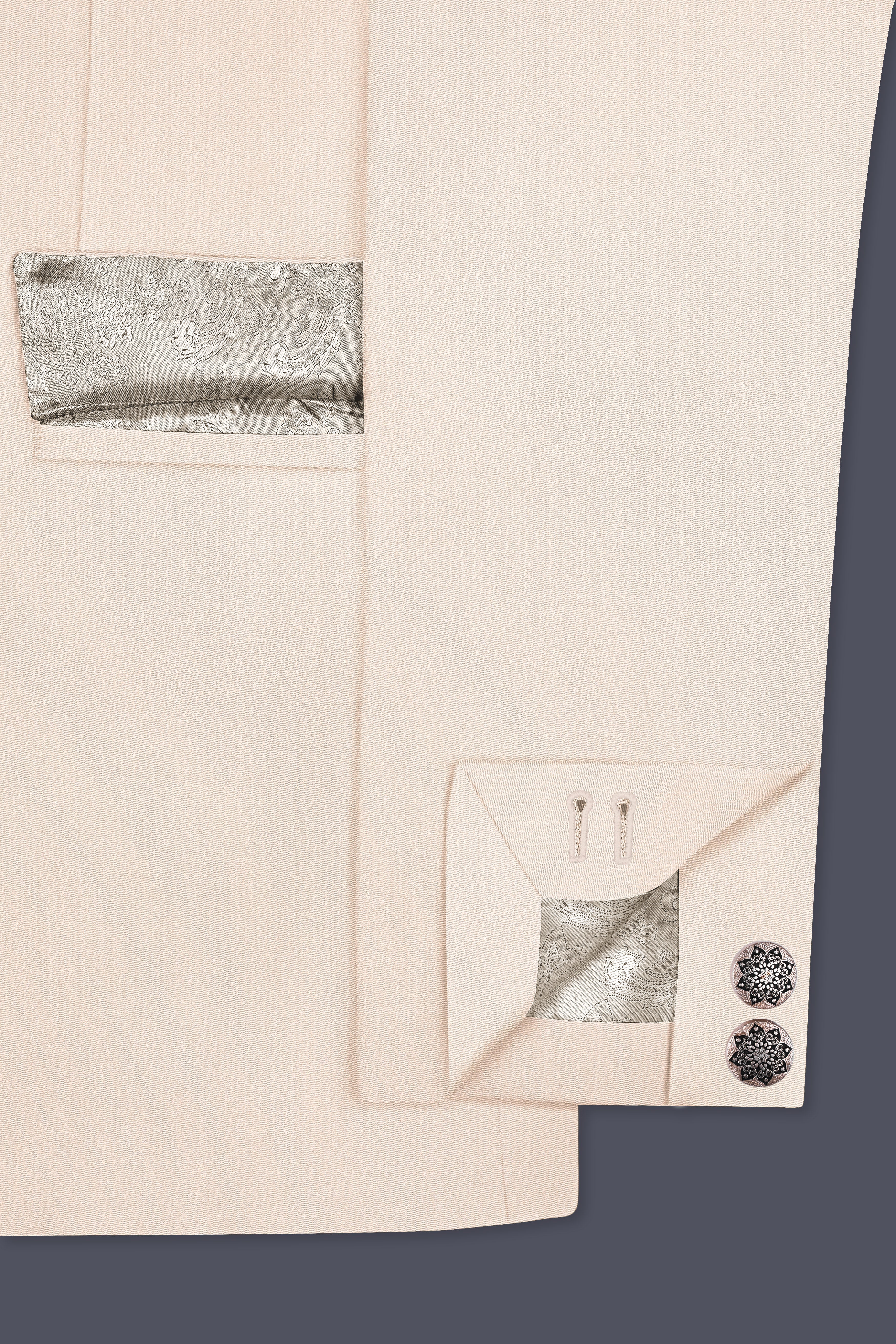 Spanish Cream Solid Wool Blend Cross Placket Bandhgala Suit