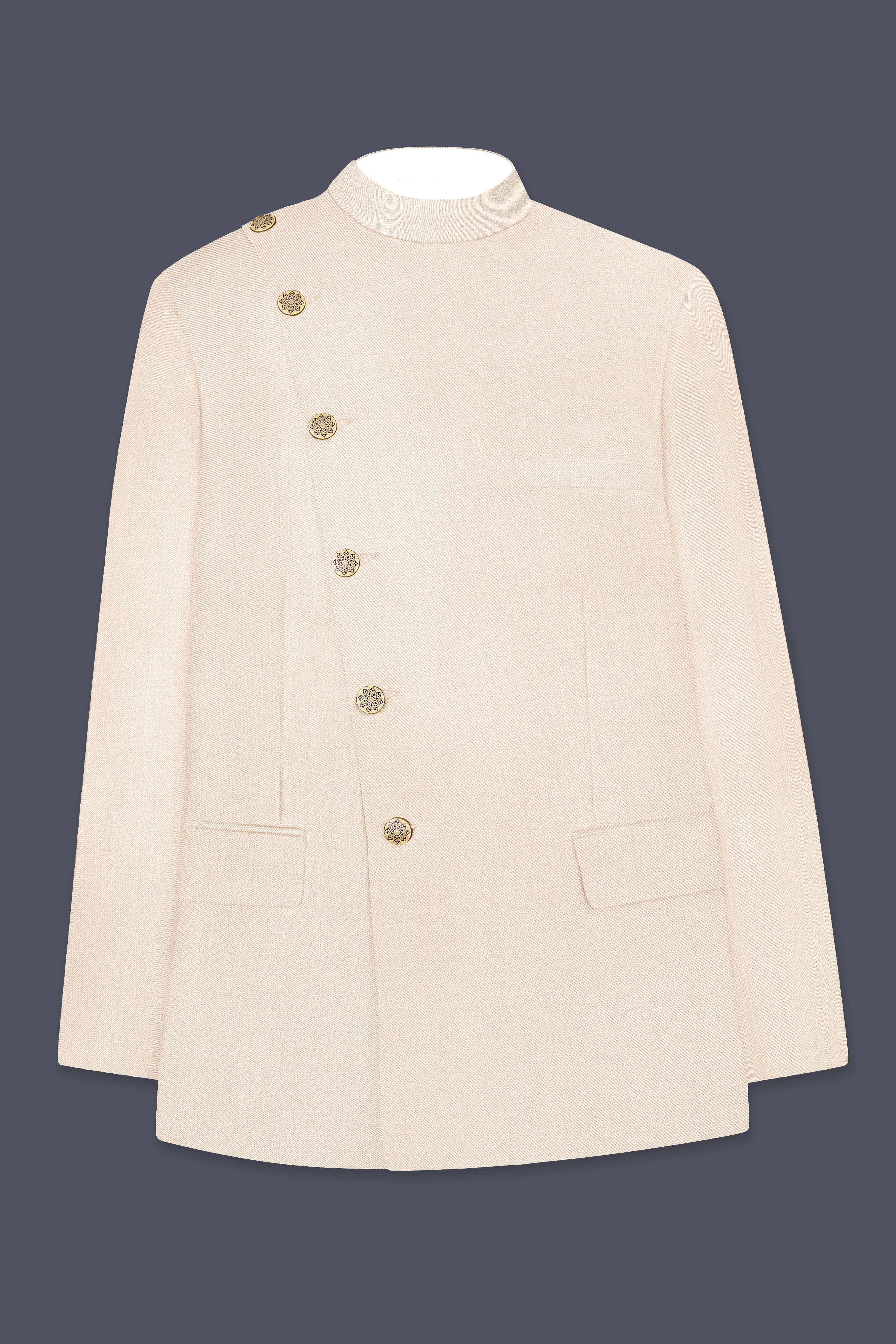 Spanish Cream Solid Wool Blend Cross Placket Bandhgala Suit