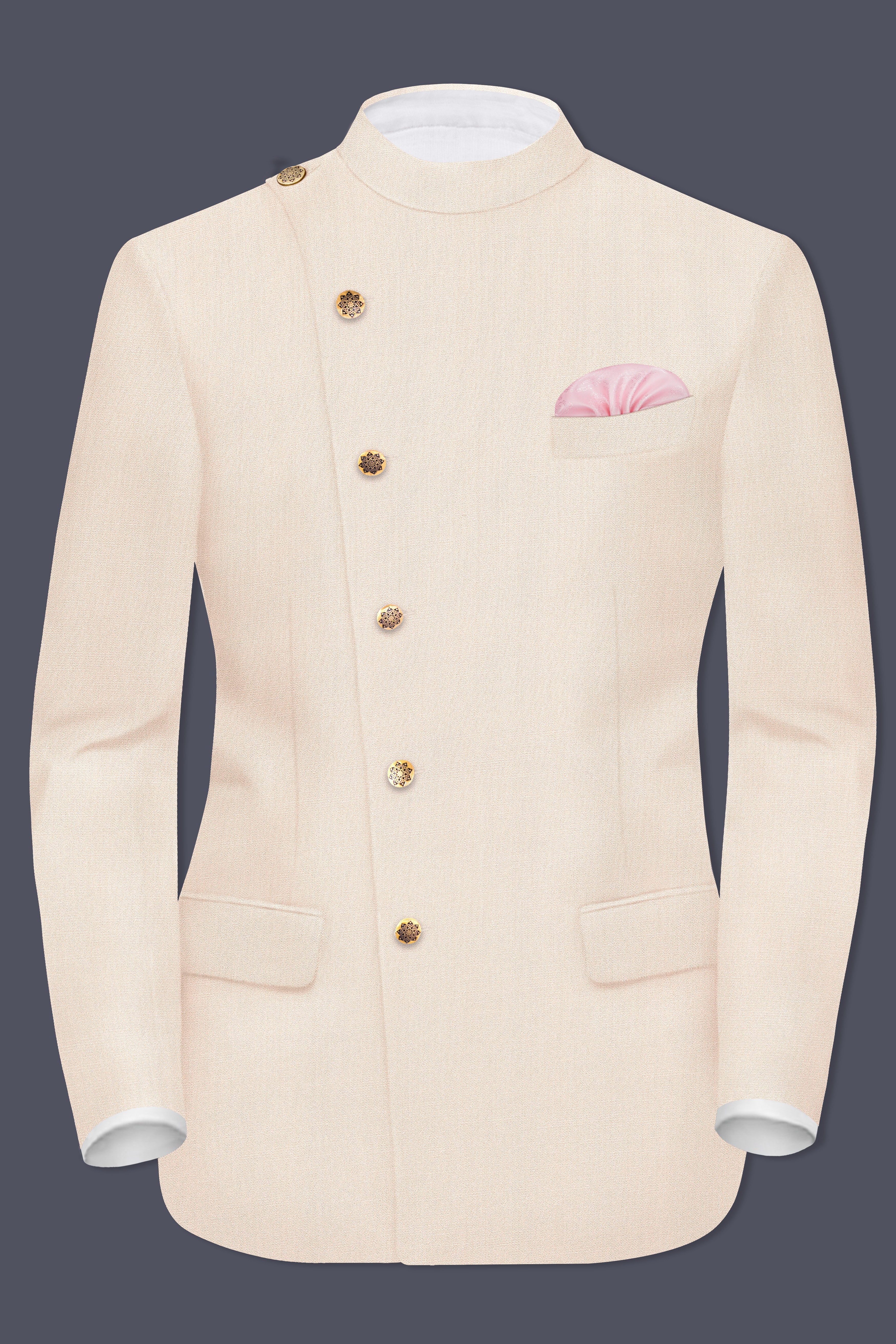 Spanish Cream Solid Wool Blend Cross Placket Bandhgala Suit
