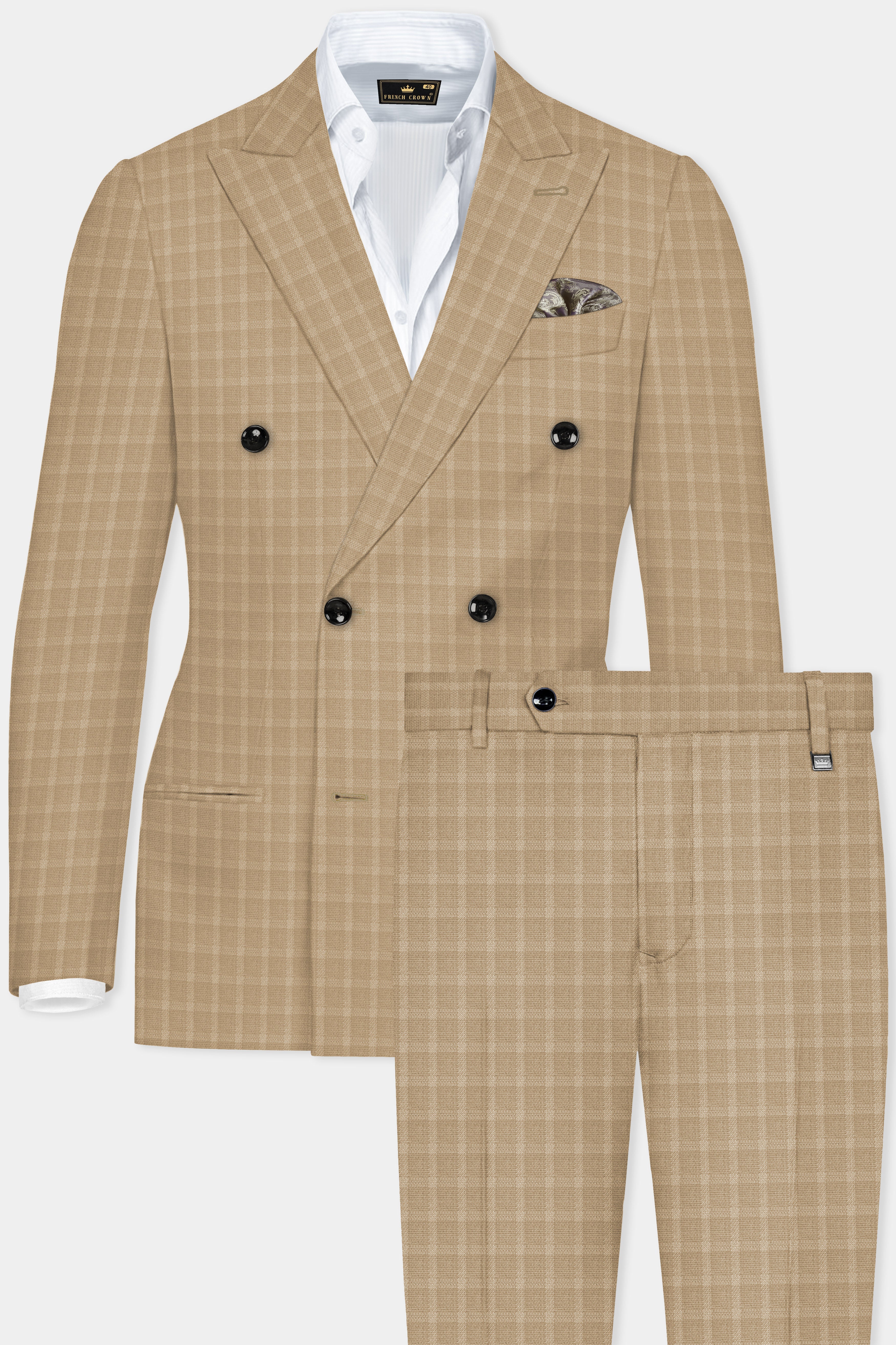 Stone Brown Plaid Wool Rich Double Breasted Suit