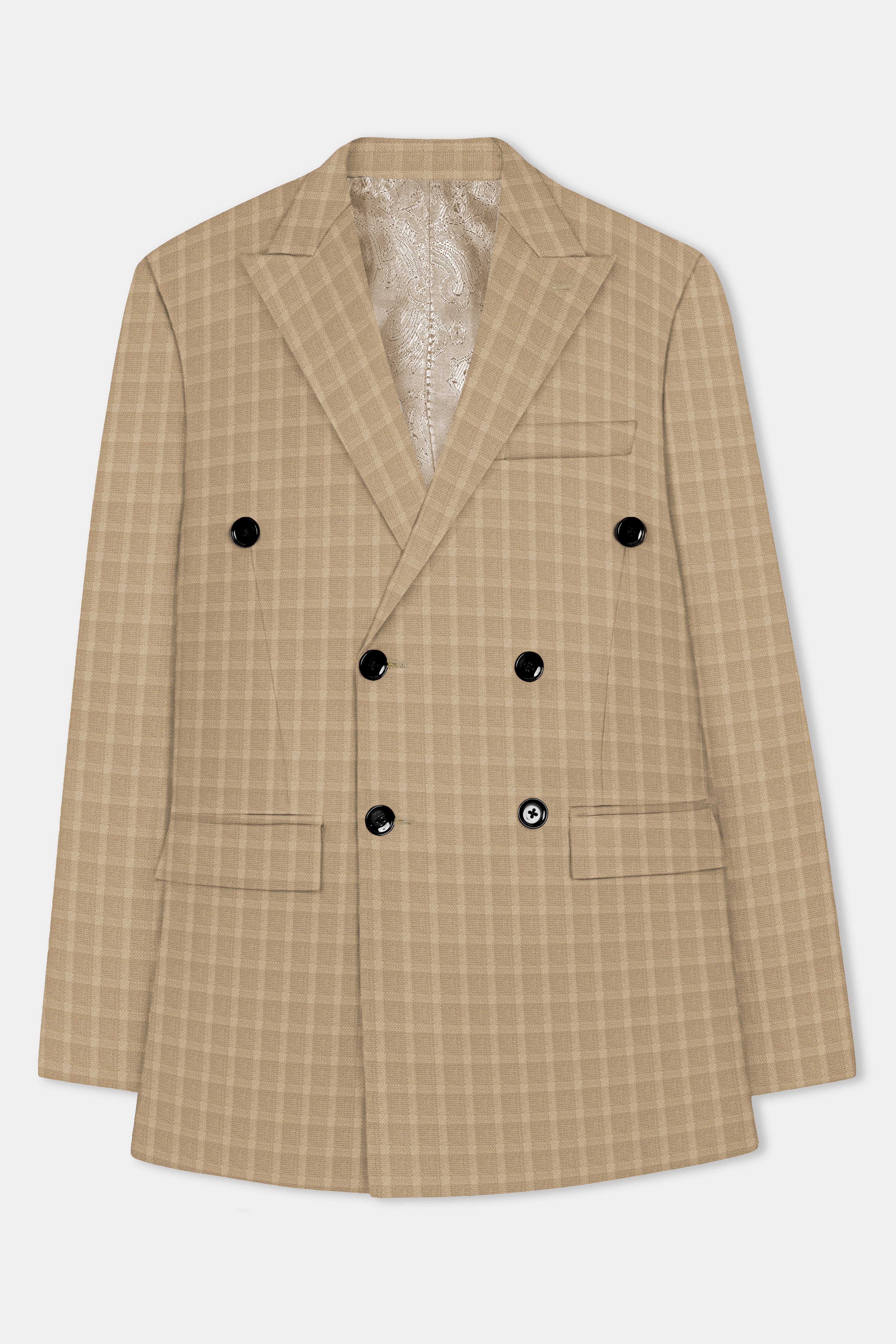 Stone Brown Plaid Wool Rich Double Breasted Suit
