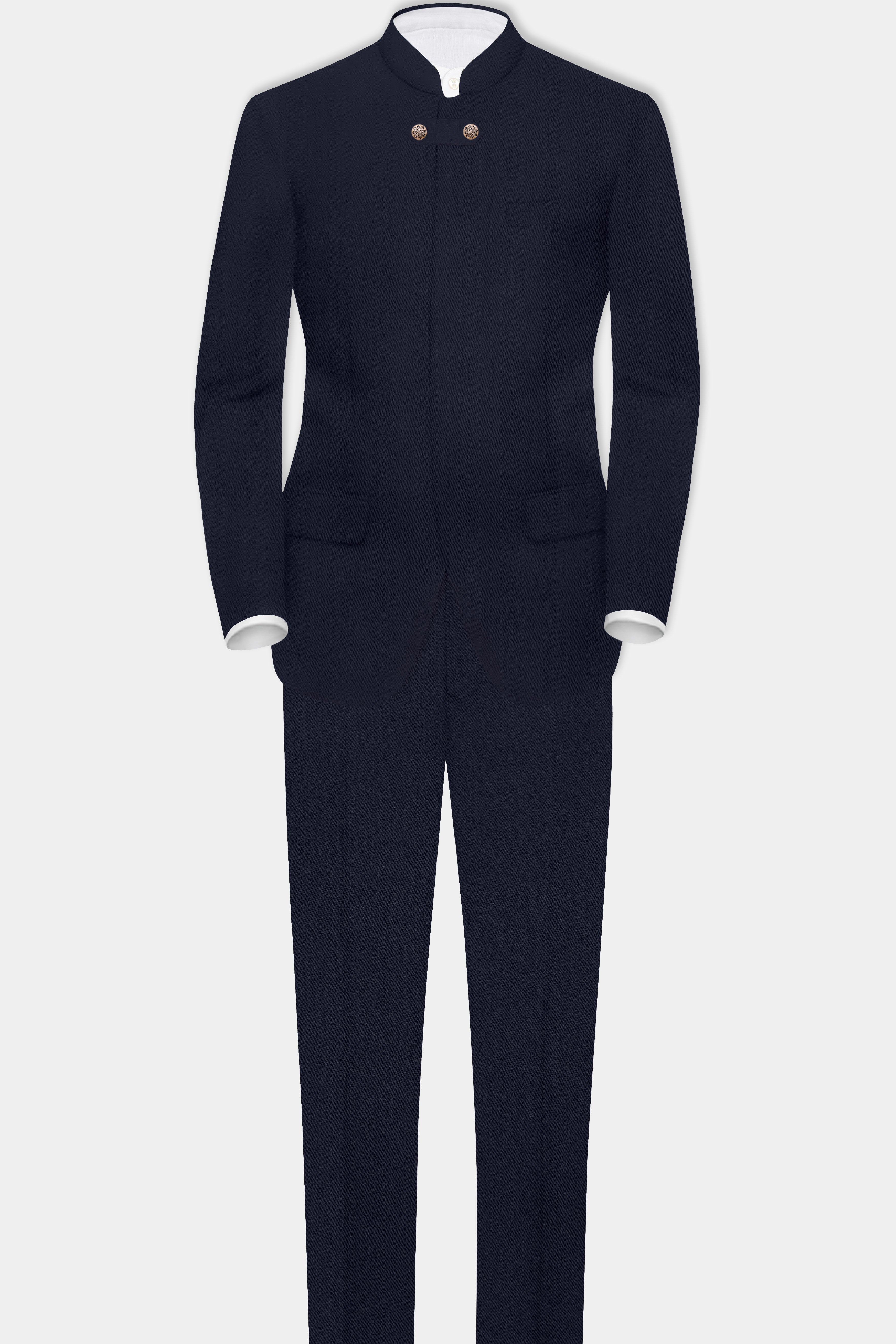 Vulcan Blue Solid Wool Rich Bandhgala Designer Suit
