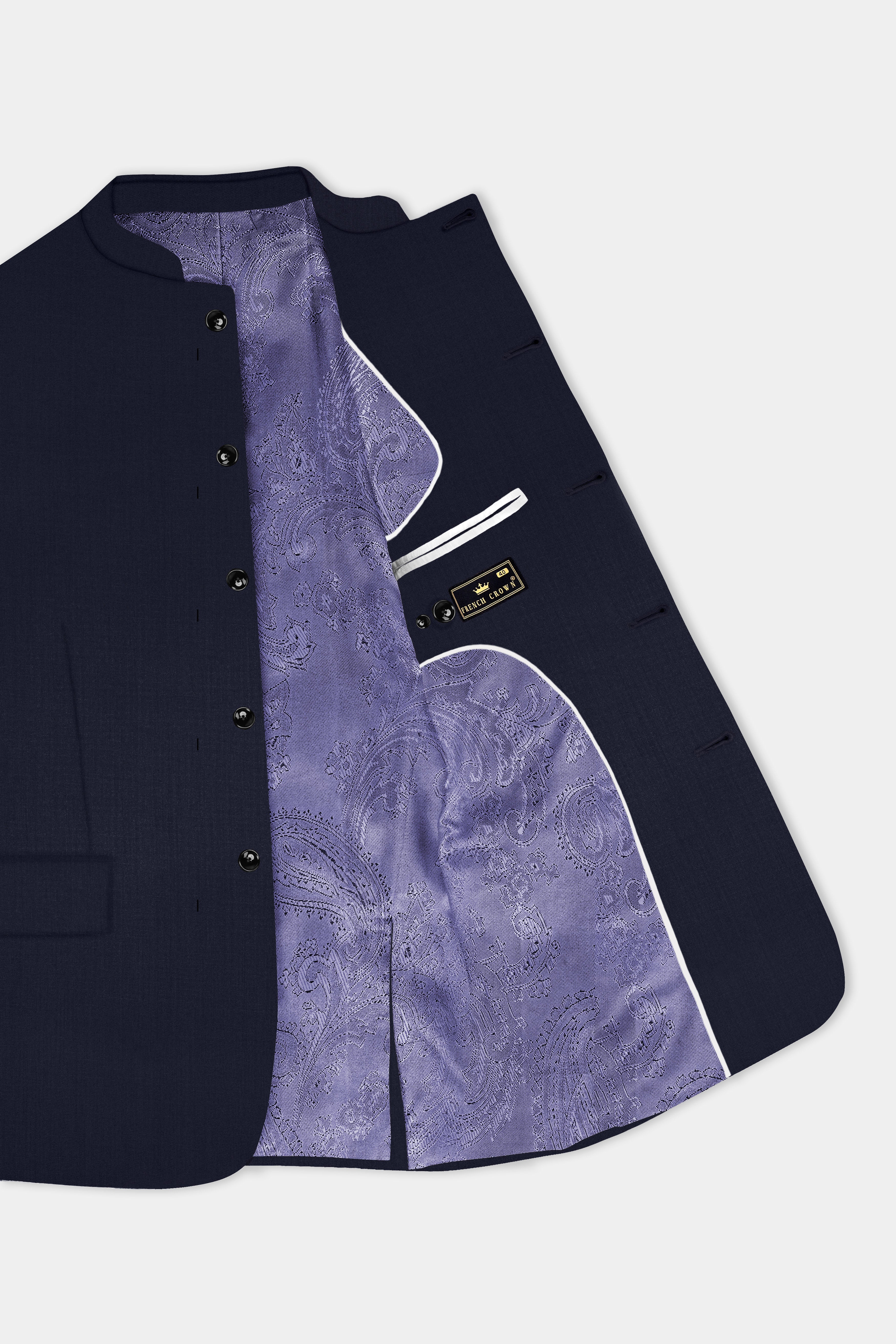 Vulcan Blue Solid Wool Rich Bandhgala Designer Suit