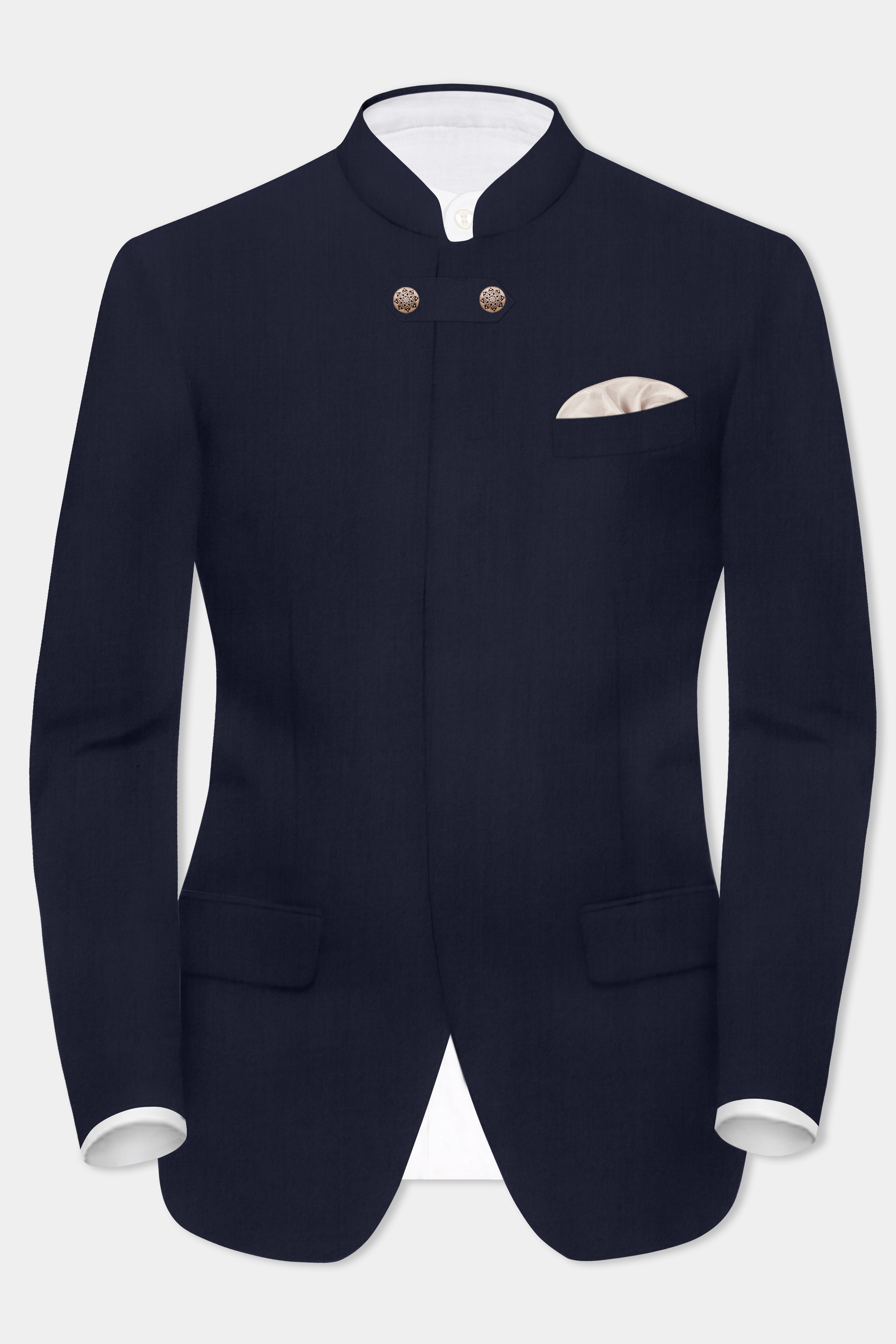 Vulcan Blue Solid Wool Rich Bandhgala Designer Suit