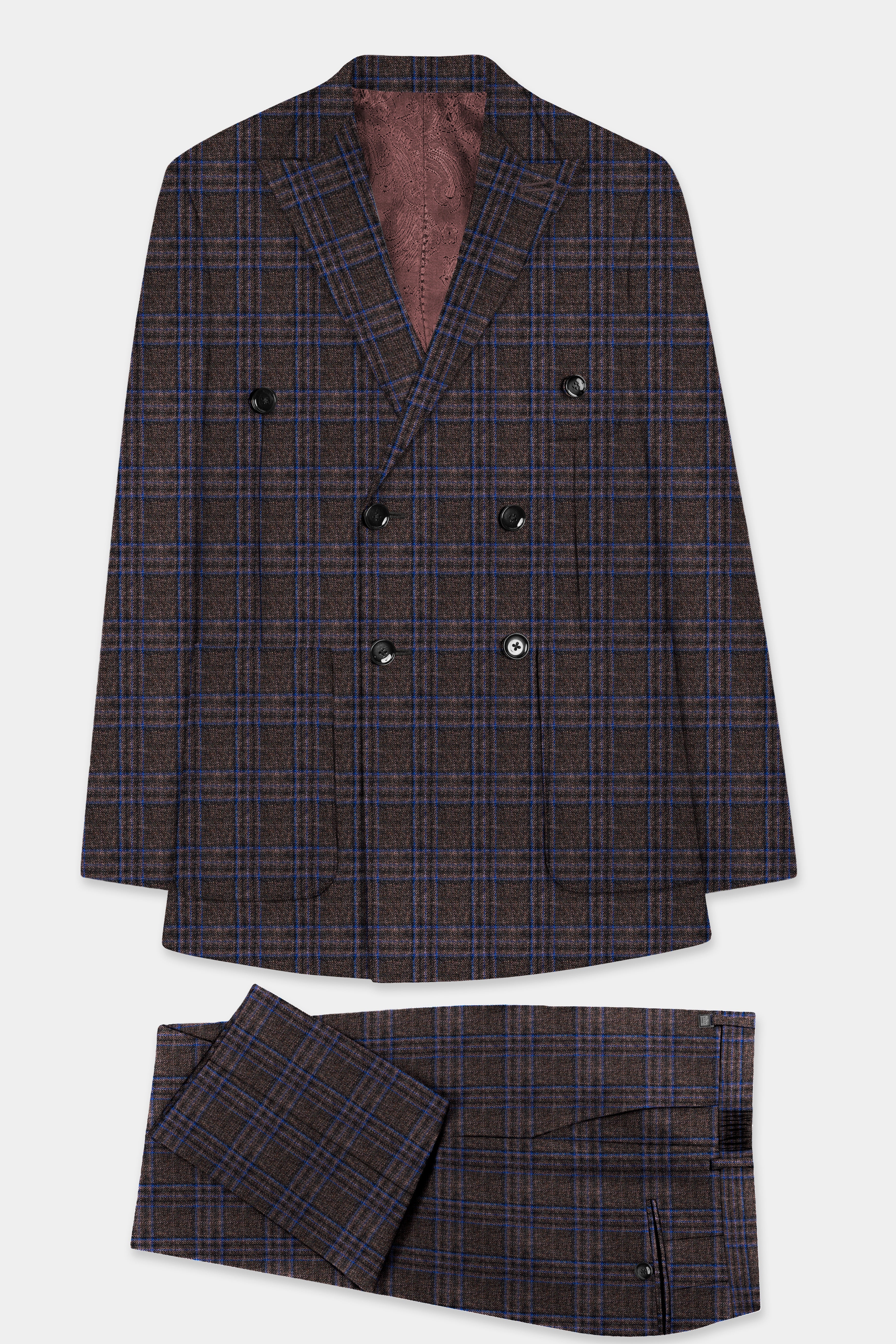 Brich Brown Plaid Wool Rich Double Breasted Sport Suit