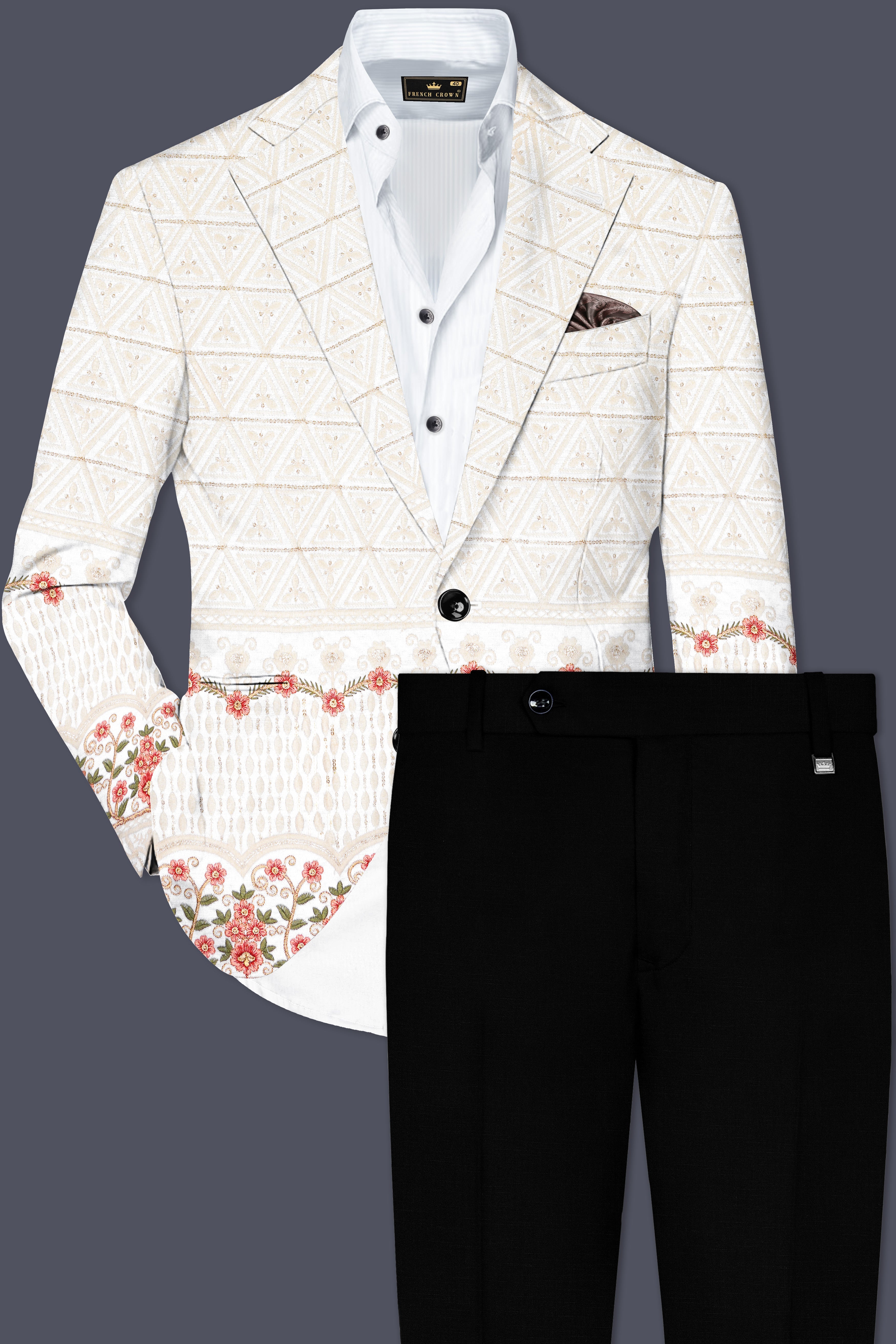 Bright White And Apricot Peach Multicolor Sequin and thread Embroidered Single Breasted Suit