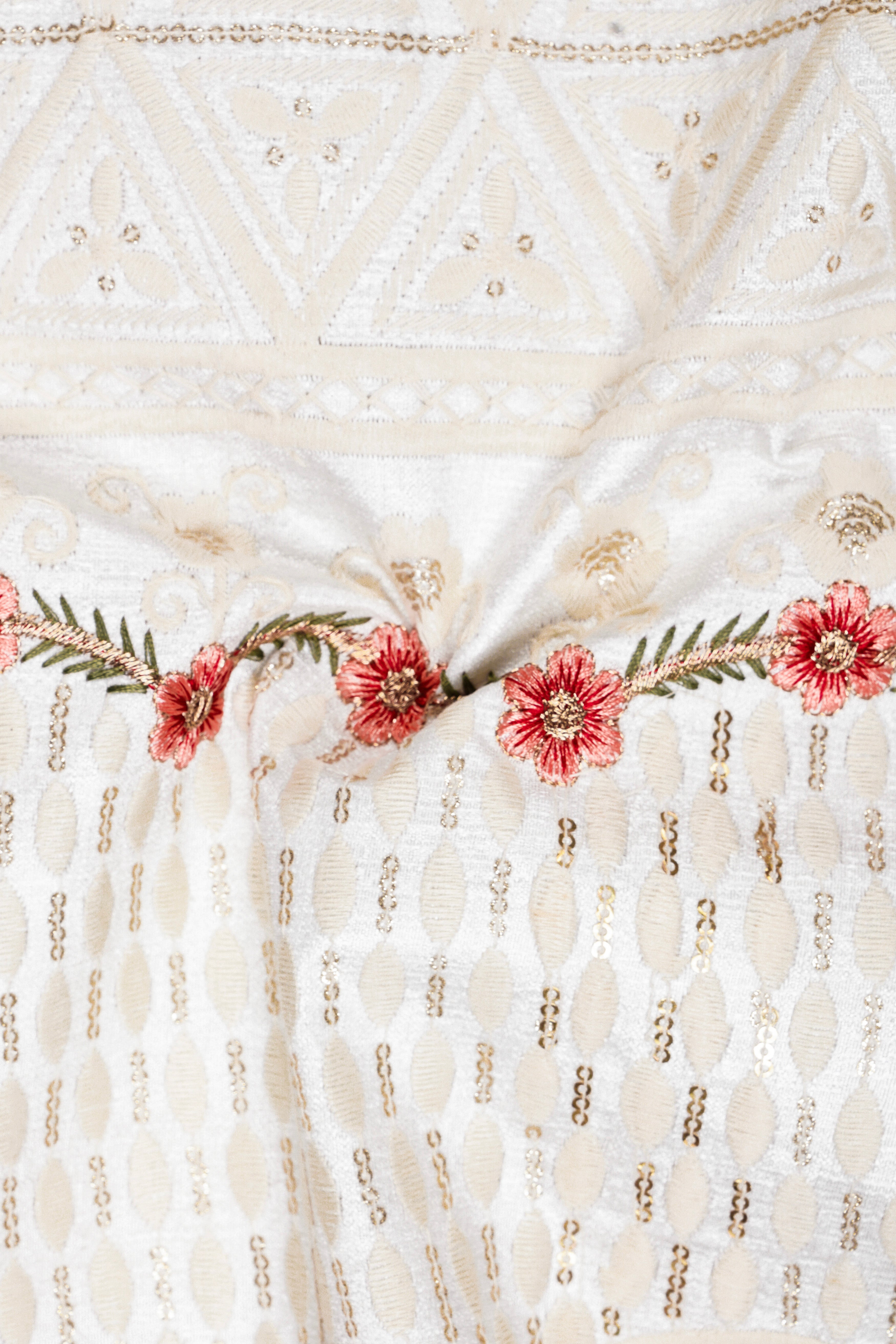 Bright White And Apricot Peach Multicolor Sequin and thread Embroidered Single Breasted Suit