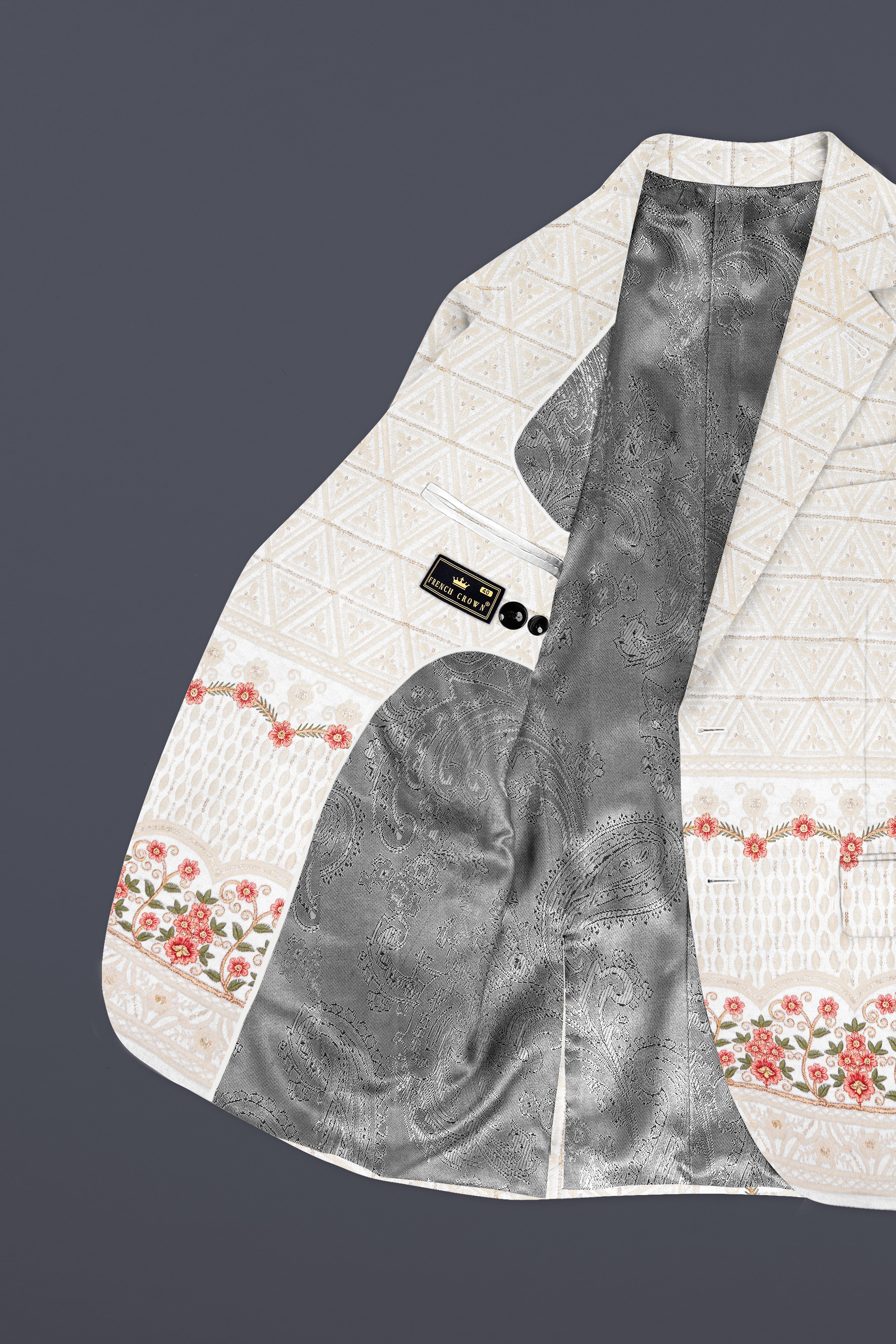 Bright White And Apricot Peach Multicolor Sequin and thread Embroidered Single Breasted Suit