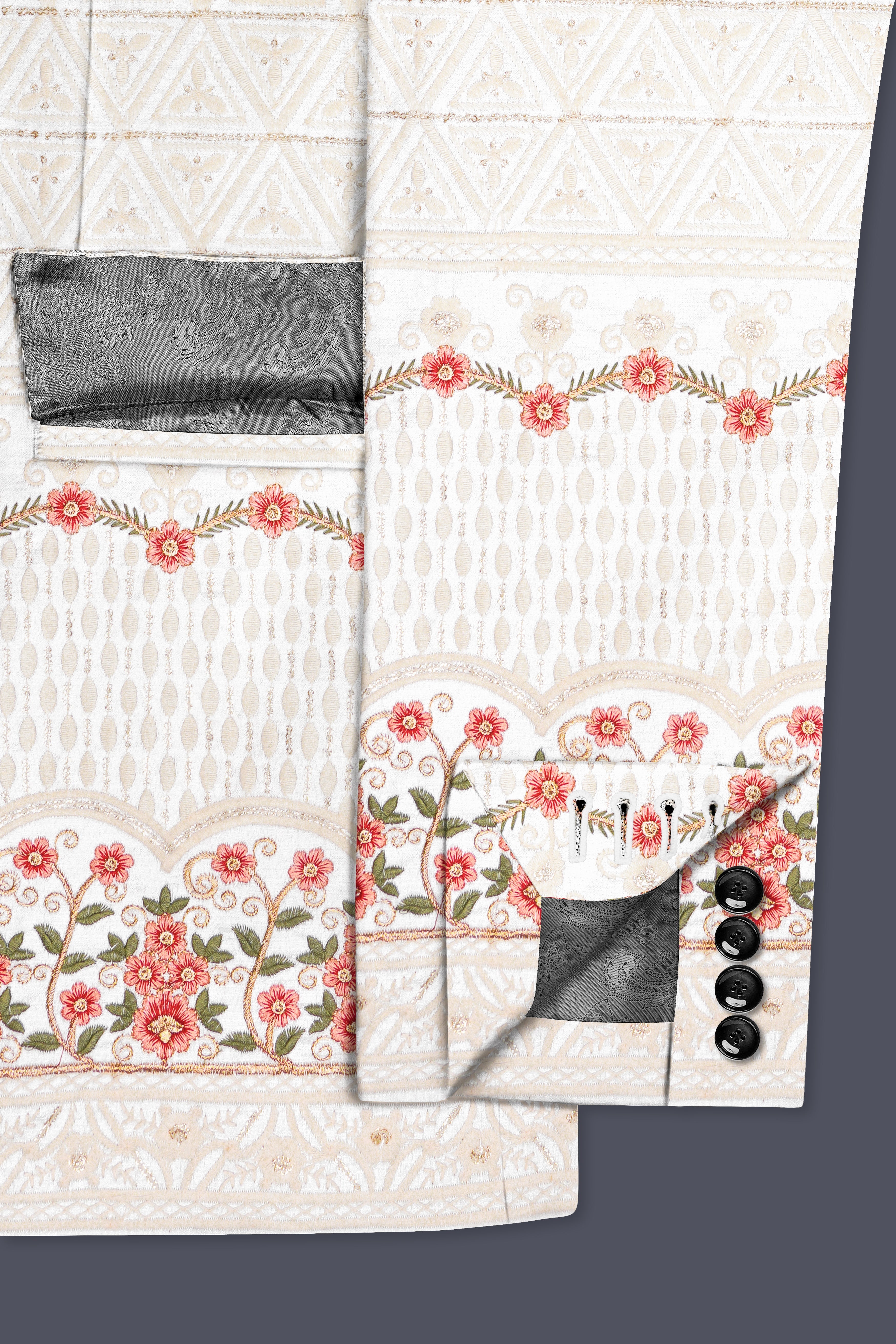 Bright White And Apricot Peach Multicolor Sequin and thread Embroidered Single Breasted Suit