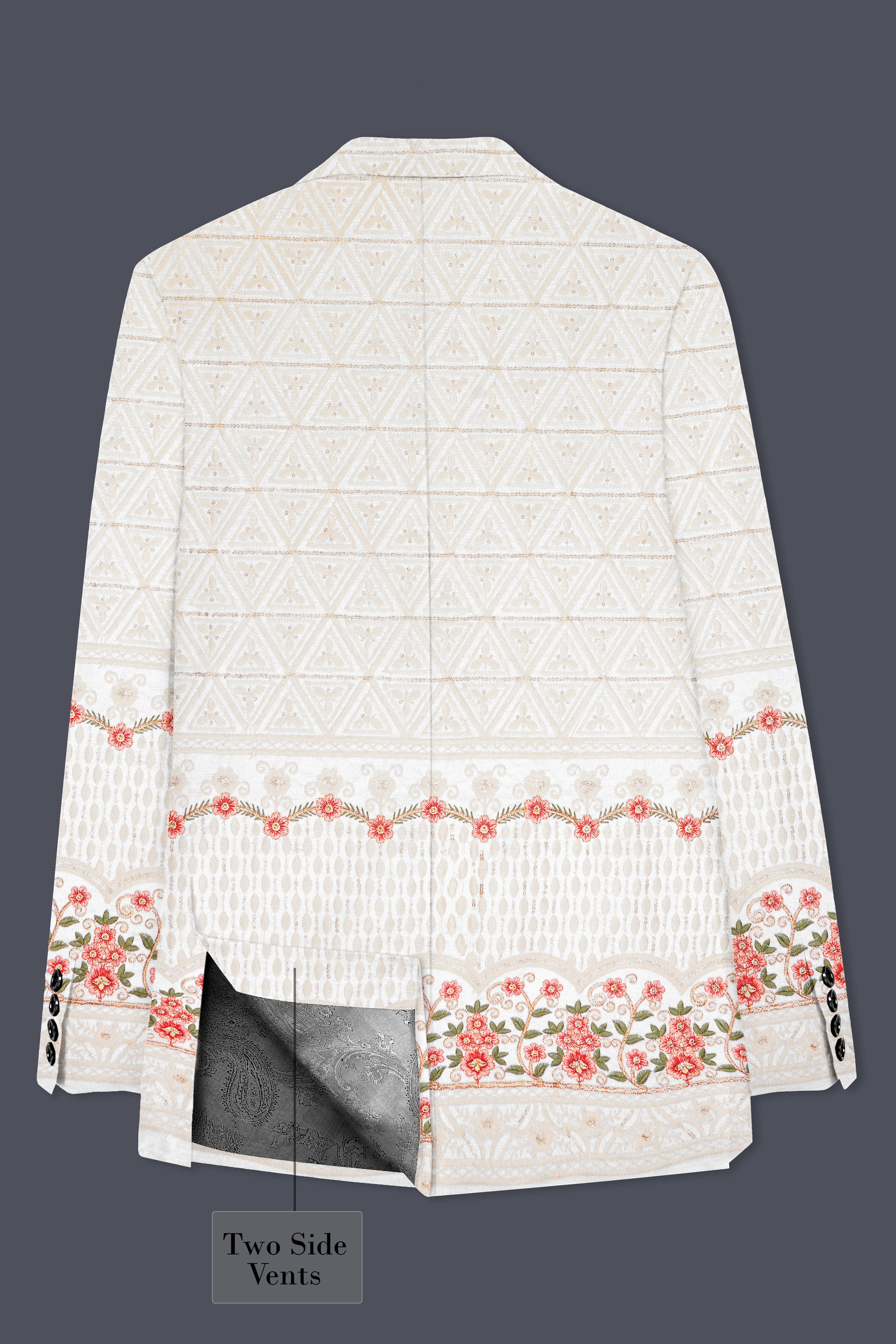 Bright White And Apricot Peach Multicolor Sequin and thread Embroidered Single Breasted Suit