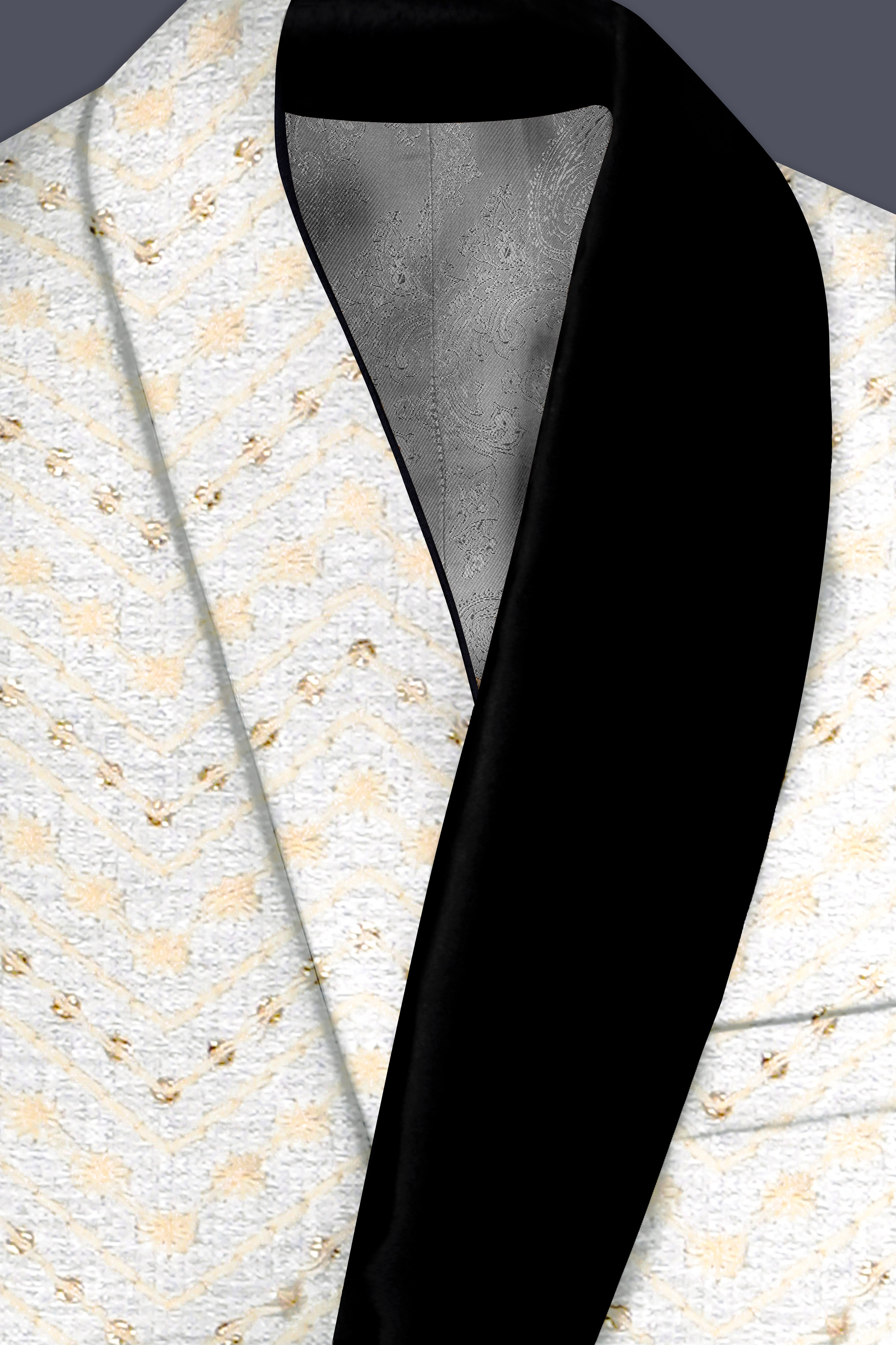 Off White And ApricotPeach Multicolor Sequin and thread Embroidered Tuxedo Suit
