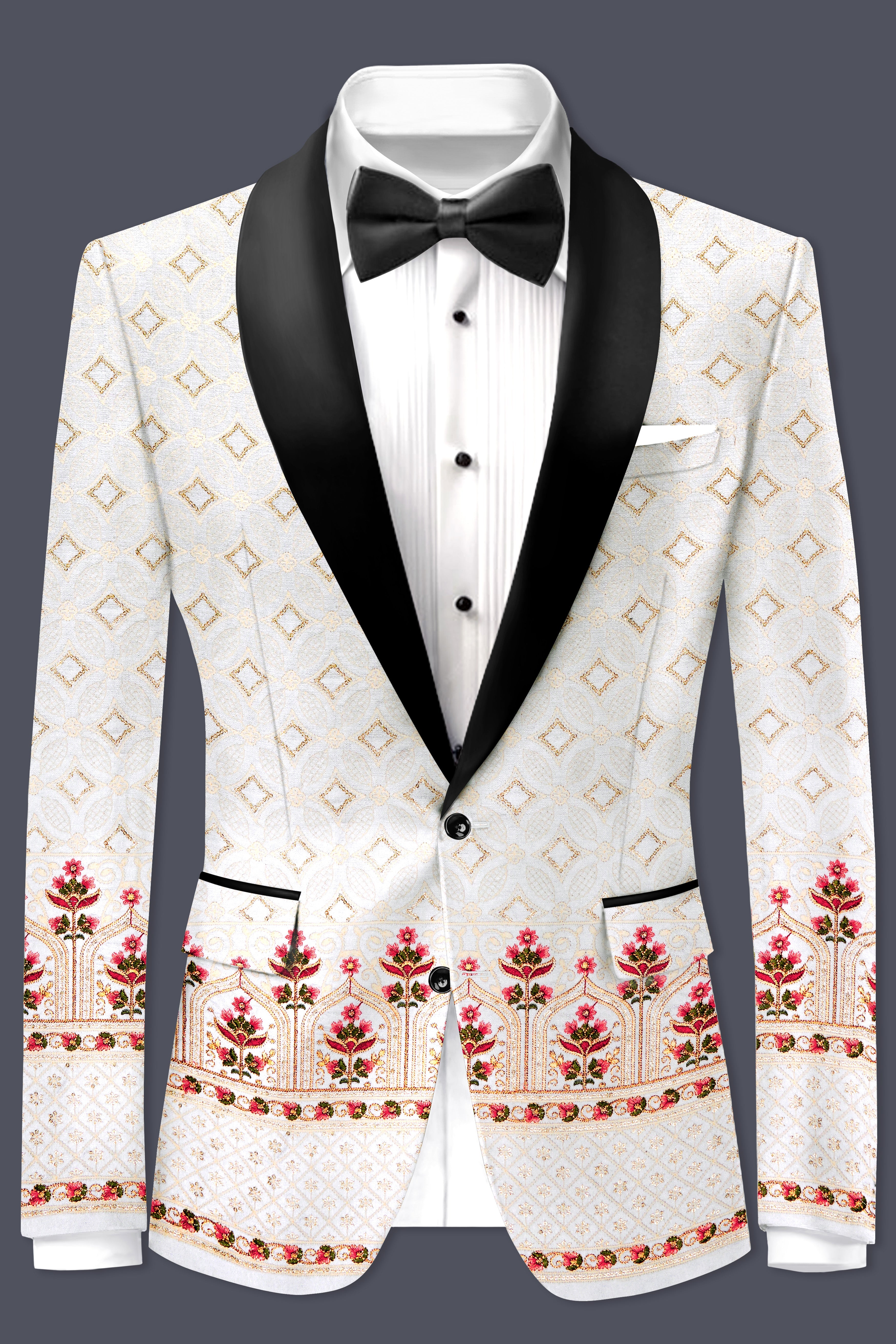 Bright White And Carnation Pink Multicolor Sequin and thread Embroidered Tuxedo Suit