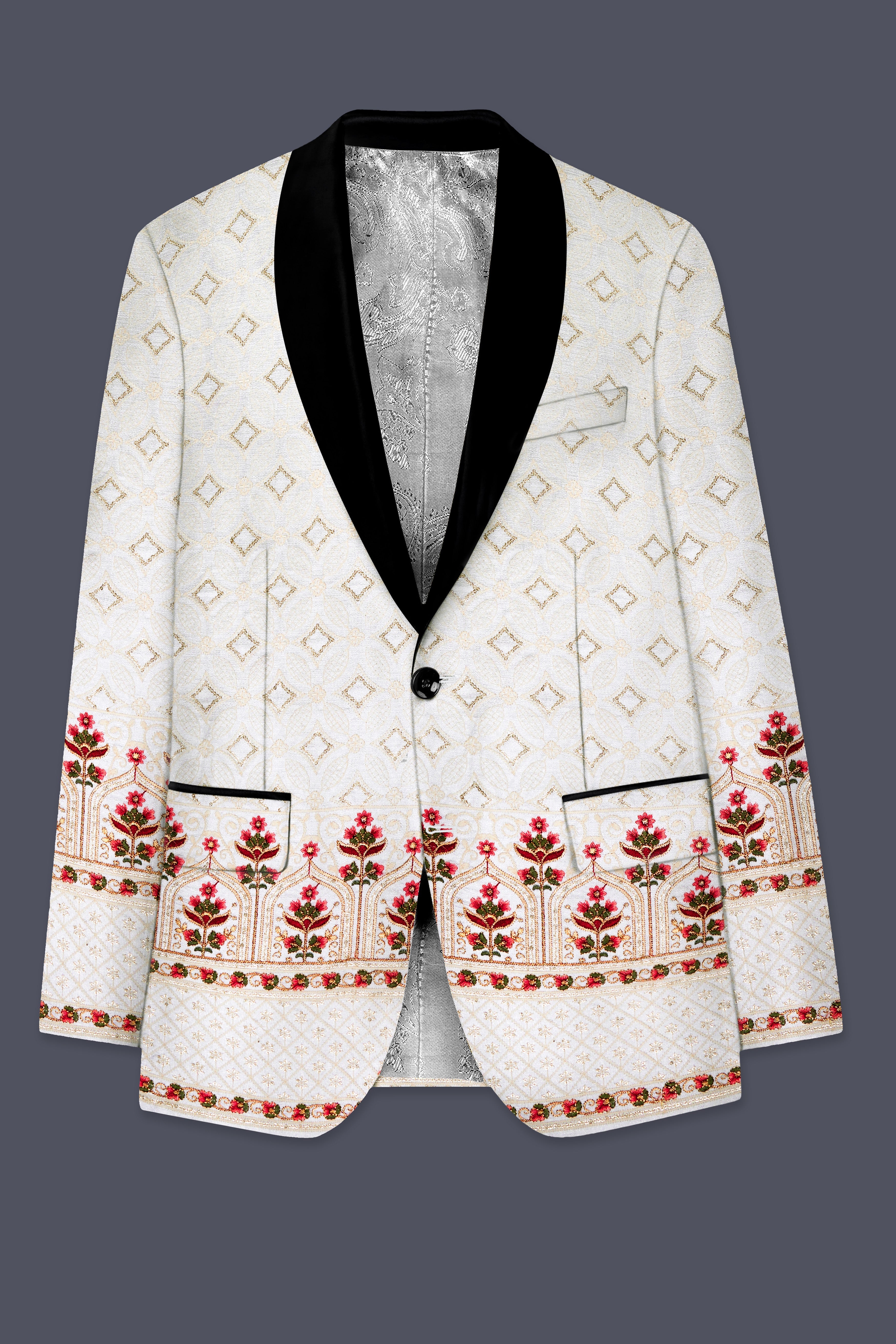Bright White And Carnation Pink Multicolor Sequin and thread Embroidered Tuxedo Suit