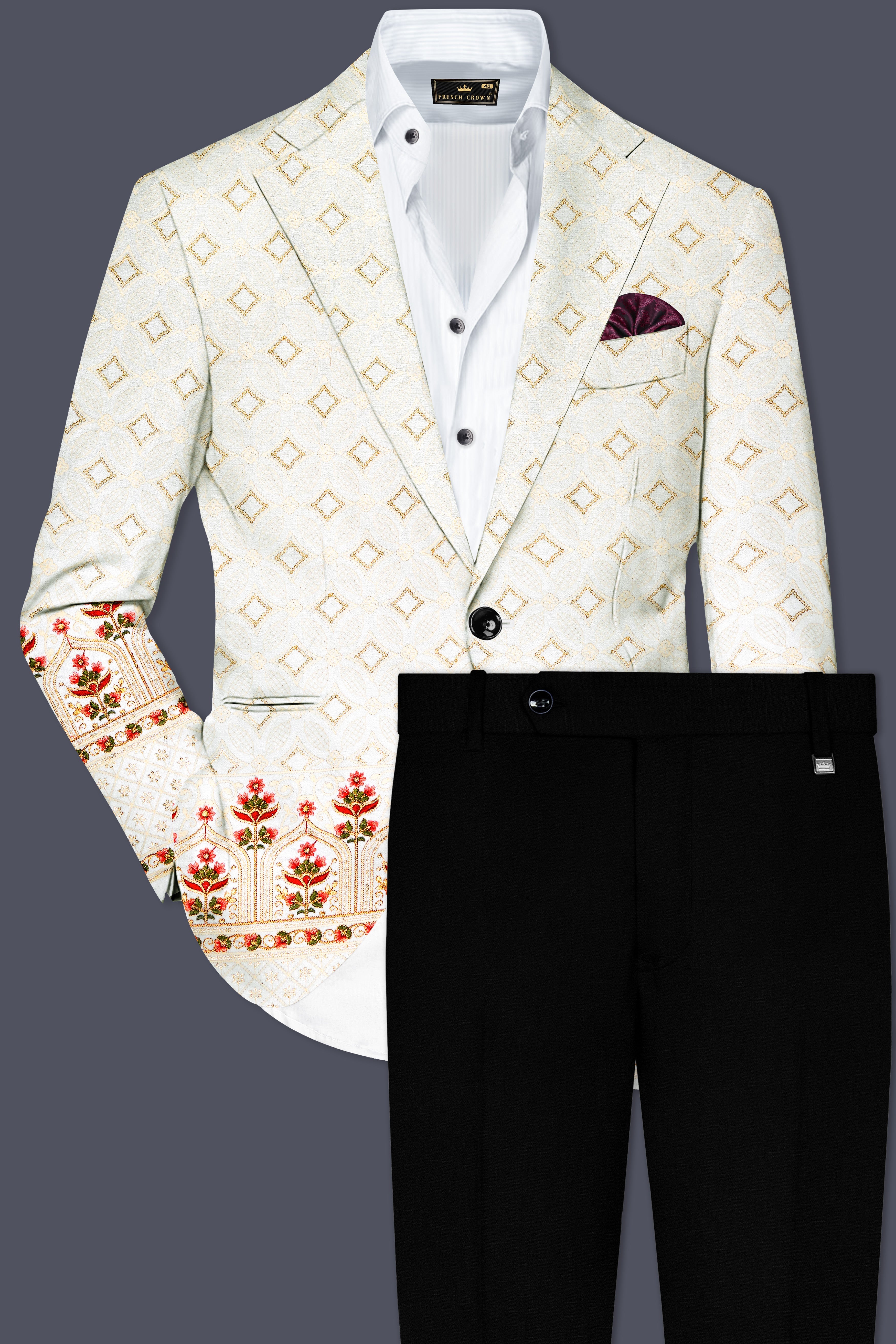 Off White And Sunset Pink Flower Multicolor Sequin and thread Embroidered Single Breasted Suit