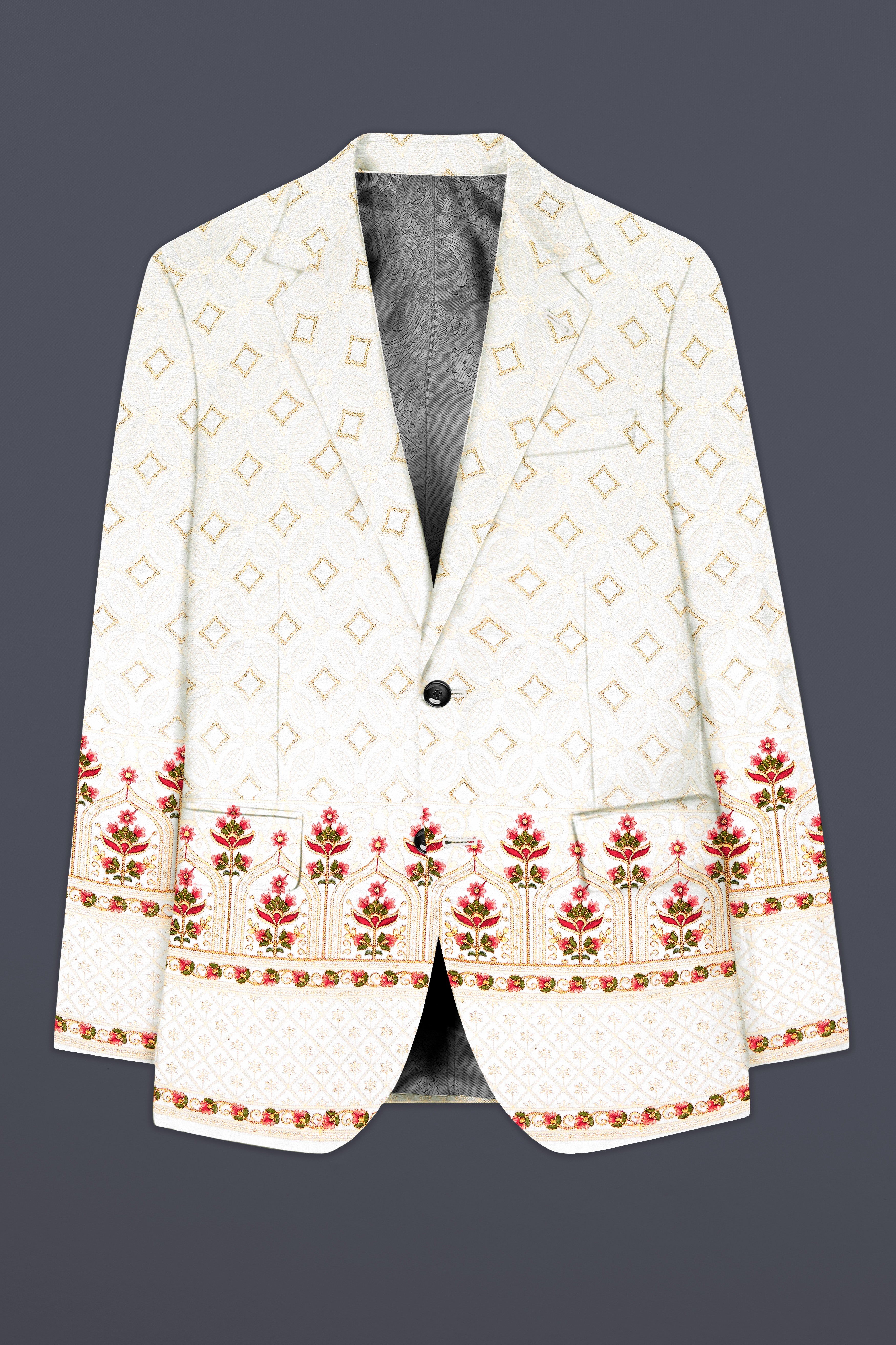 Off White And Sunset Pink Flower Multicolor Sequin and thread Embroidered Single Breasted Suit