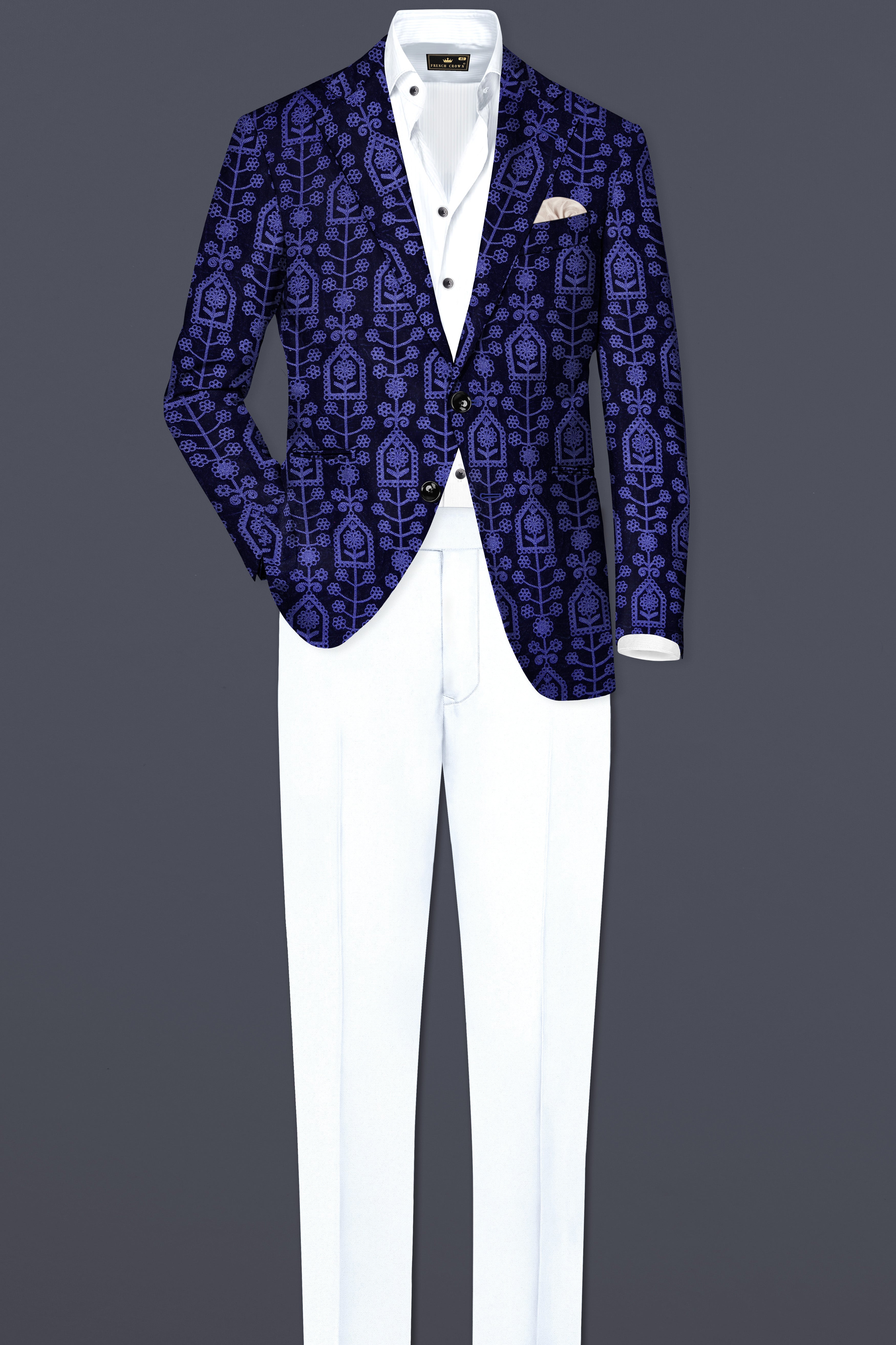 Gigas Blue Thread Work Embroidered Velvet Single Breasted Suit