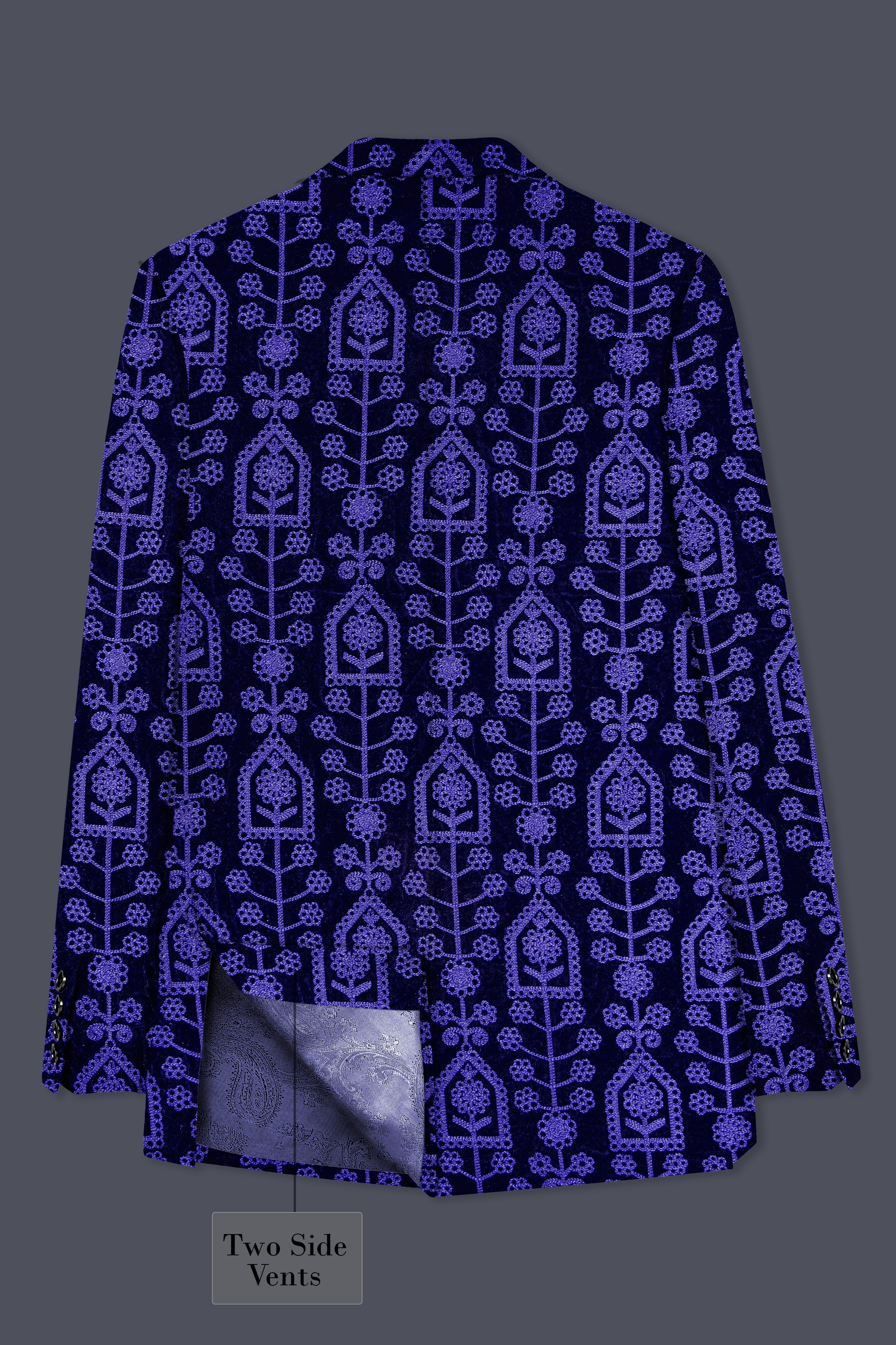 Gigas Blue Thread Work Embroidered Velvet Single Breasted Suit
