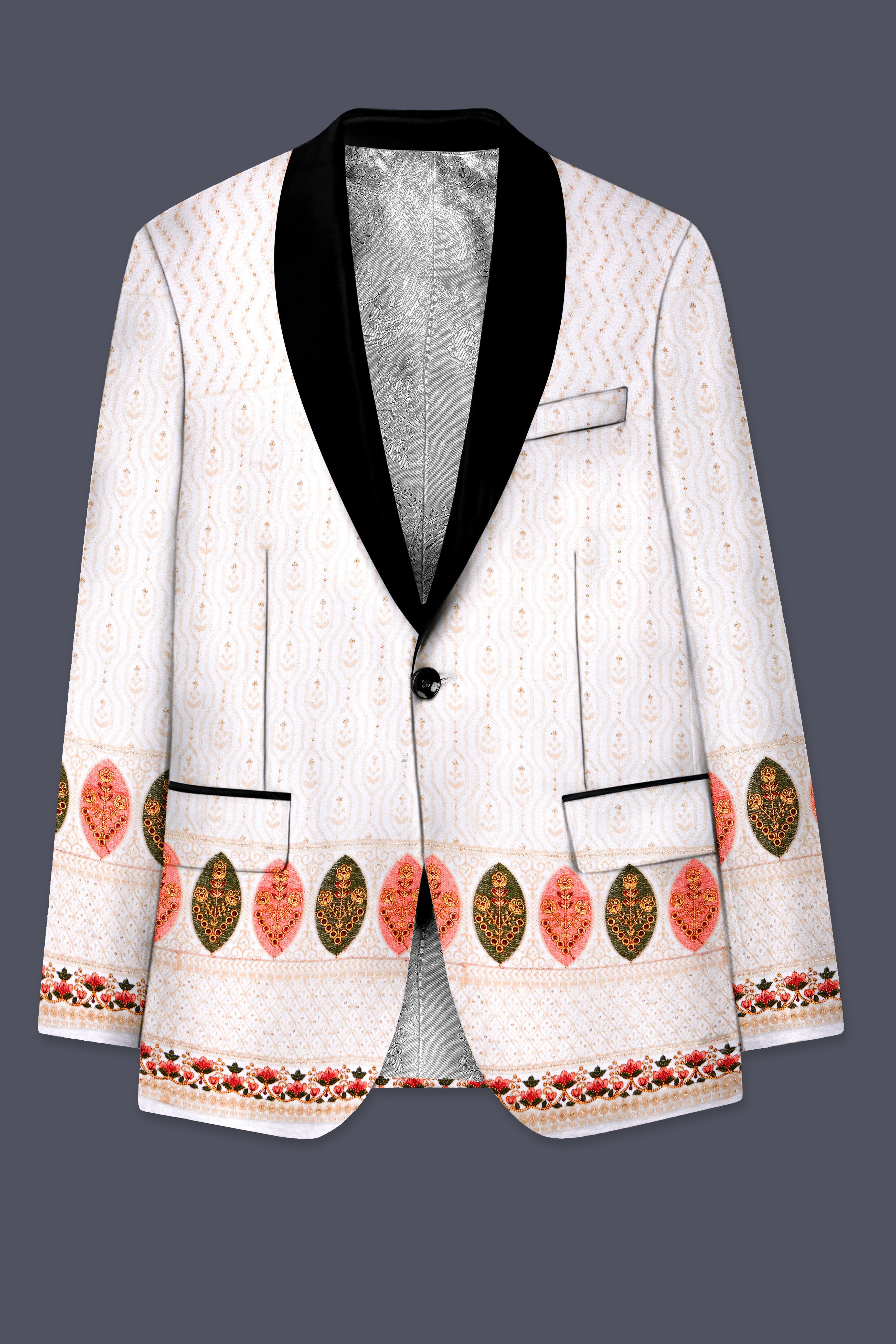 Bright White And Blush Peach Multicolor Sequin and thread leaf Embroidered Tuxedo Suit