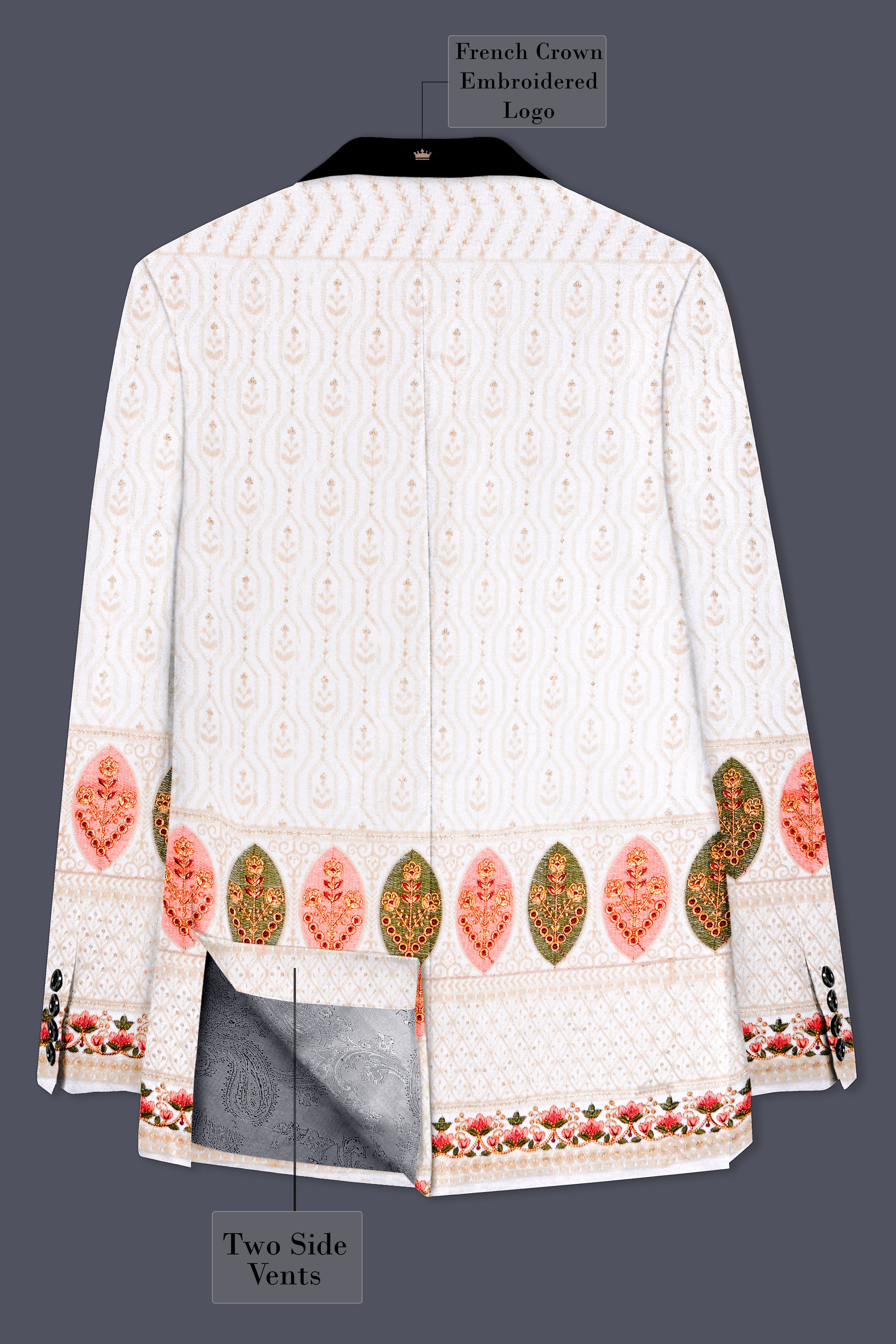 Bright White And Blush Peach Multicolor Sequin and thread leaf Embroidered Tuxedo Suit