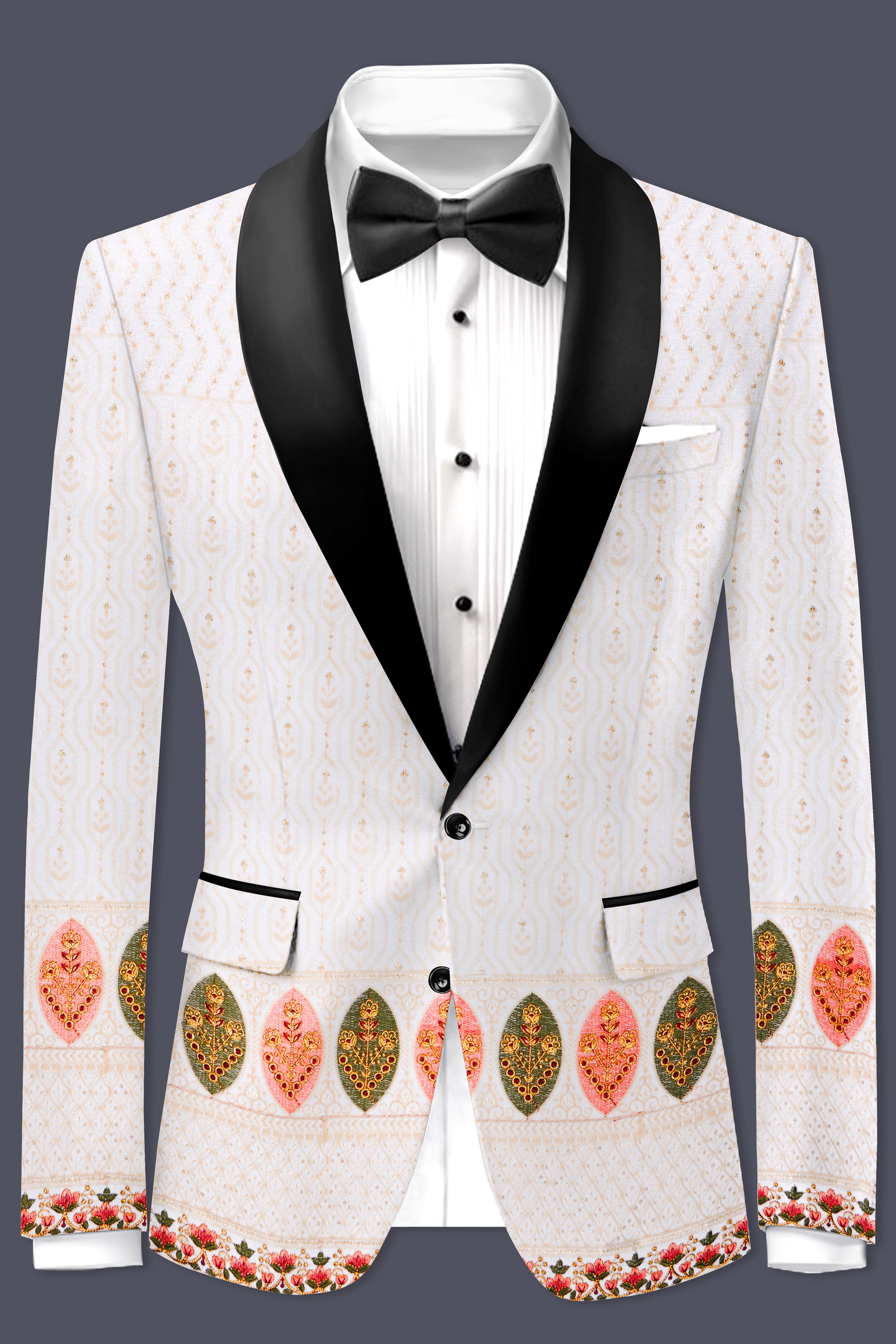 Bright White And Blush Peach Multicolor Sequin and thread leaf Embroidered Tuxedo Suit