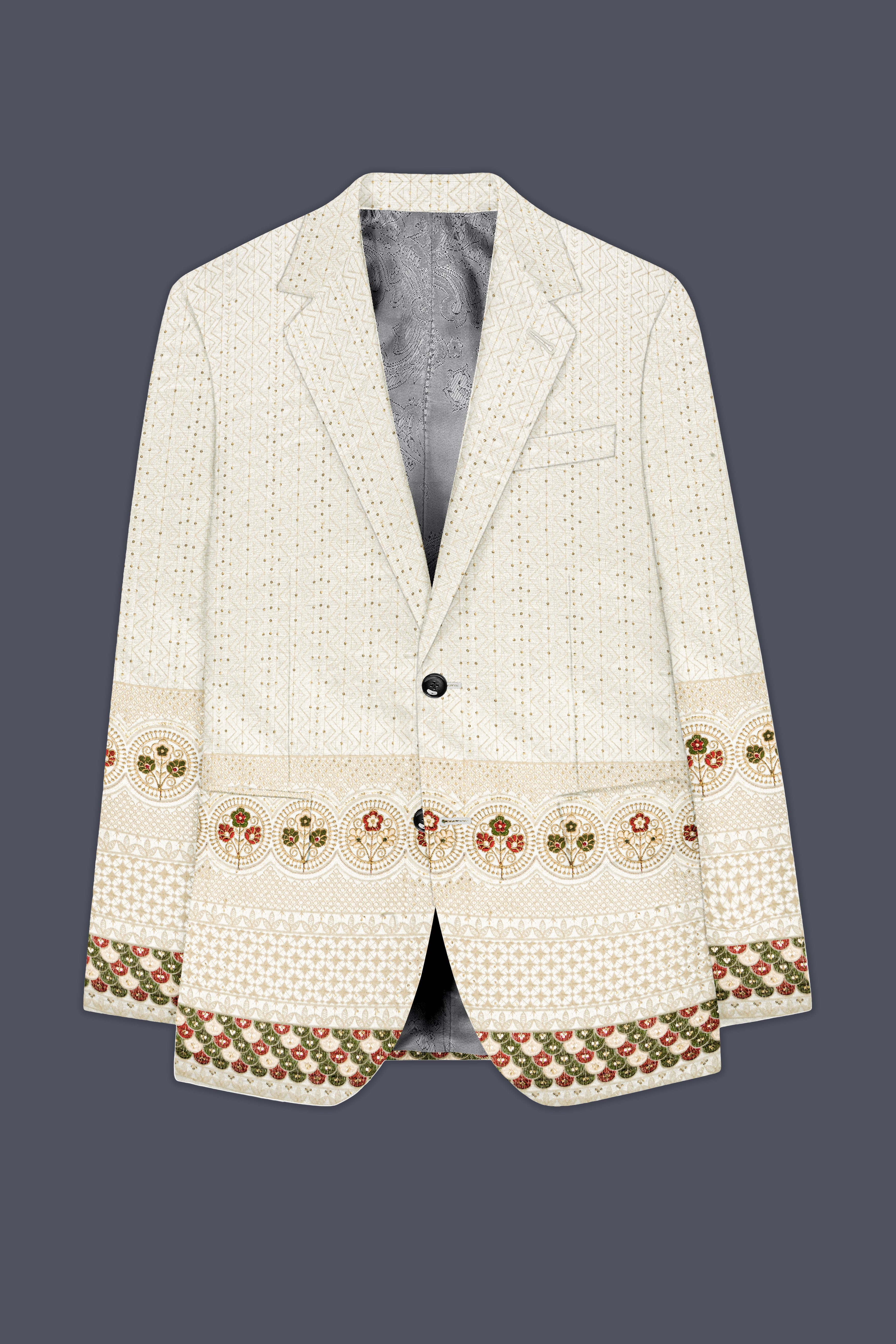 Off White And Blush Peach Multicolor Sequin and thread Embroidered Single Breasted Suit